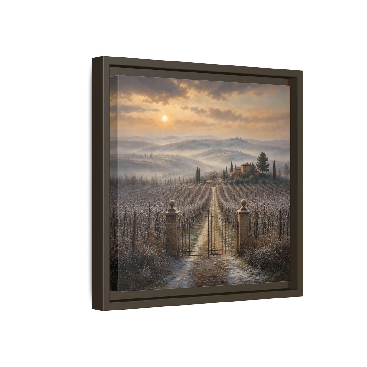 Side Mockup 17. Nature Vineyard Tuscan Vineyard Sunset shown as stretched canvas wall art