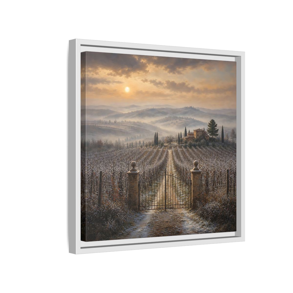 Side Mockup 13. Nature Vineyard Tuscan Vineyard Sunset shown as stretched canvas wall art