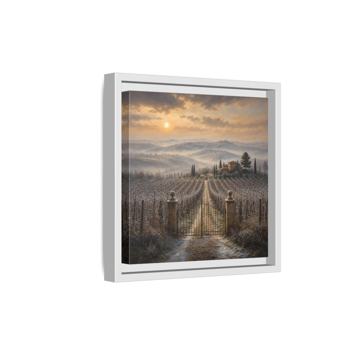 Side Mockup 19. Nature Vineyard Tuscan Vineyard Sunset shown as stretched canvas wall art