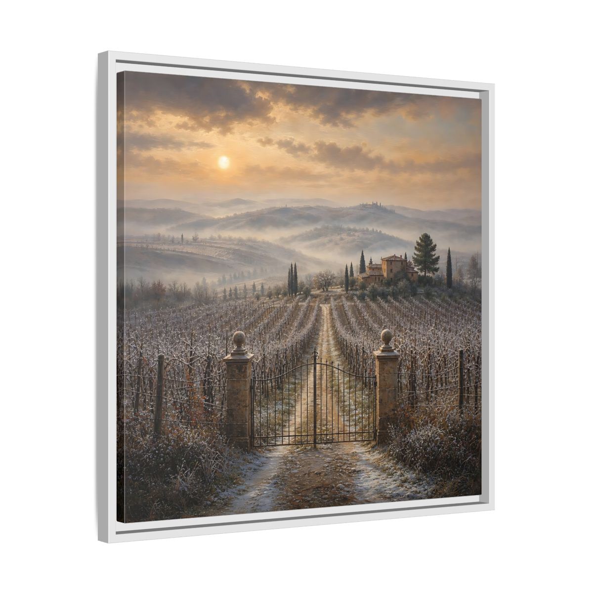 Side Mockup 26. Nature Vineyard Tuscan Vineyard Sunset shown as stretched canvas wall art