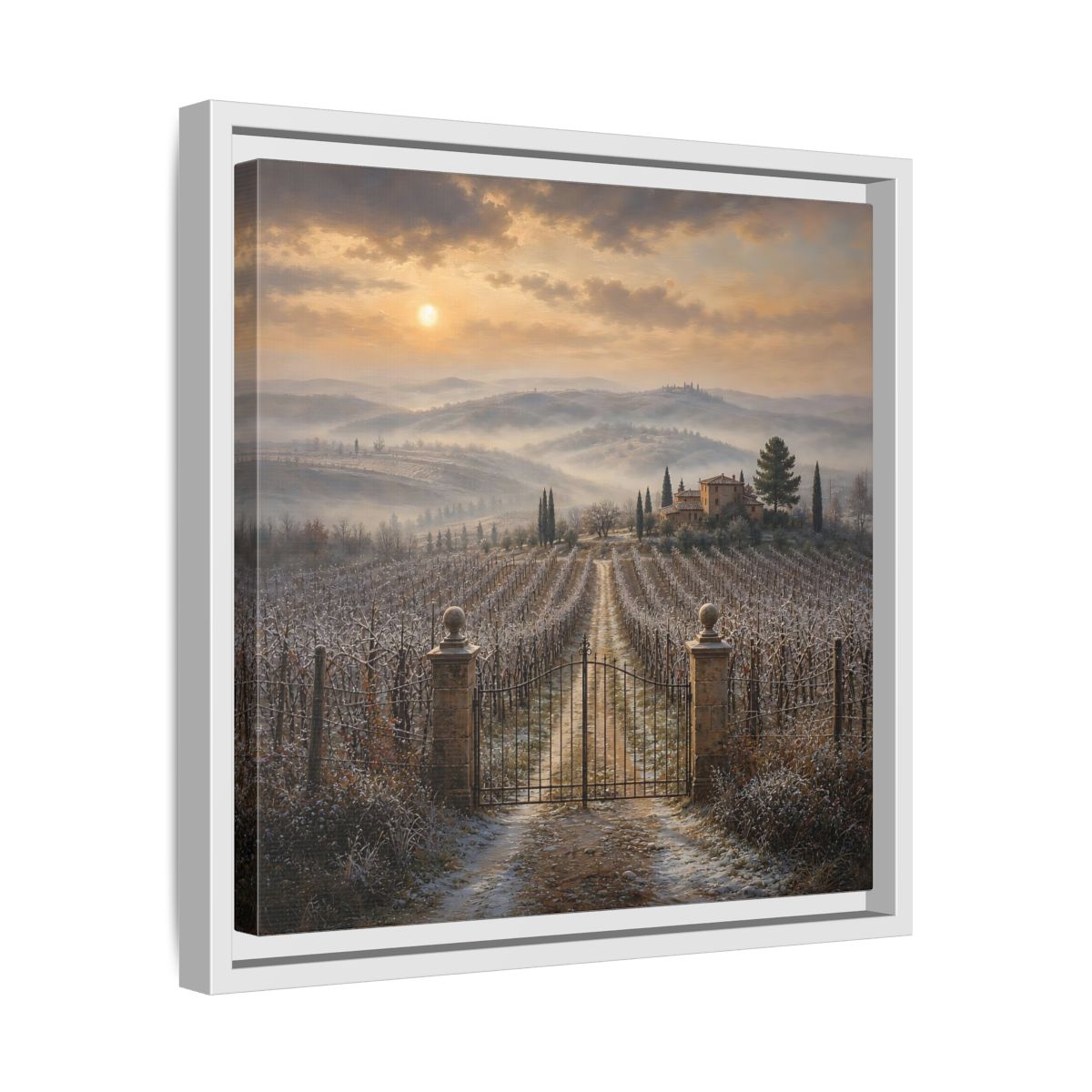 Side Mockup 28. Nature Vineyard Tuscan Vineyard Sunset shown as stretched canvas wall art