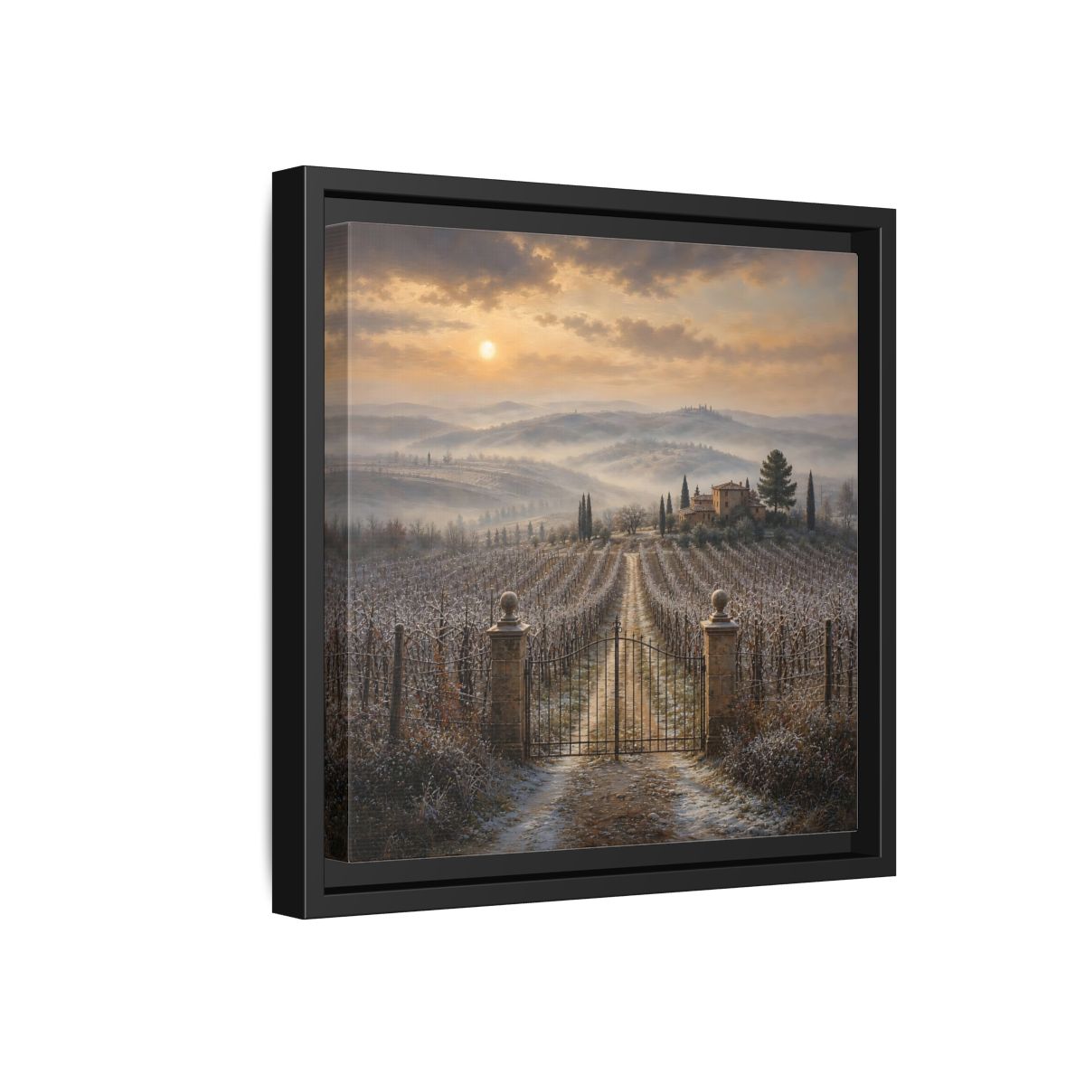 Side Mockup 18. Nature Vineyard Tuscan Vineyard Sunset shown as stretched canvas wall art