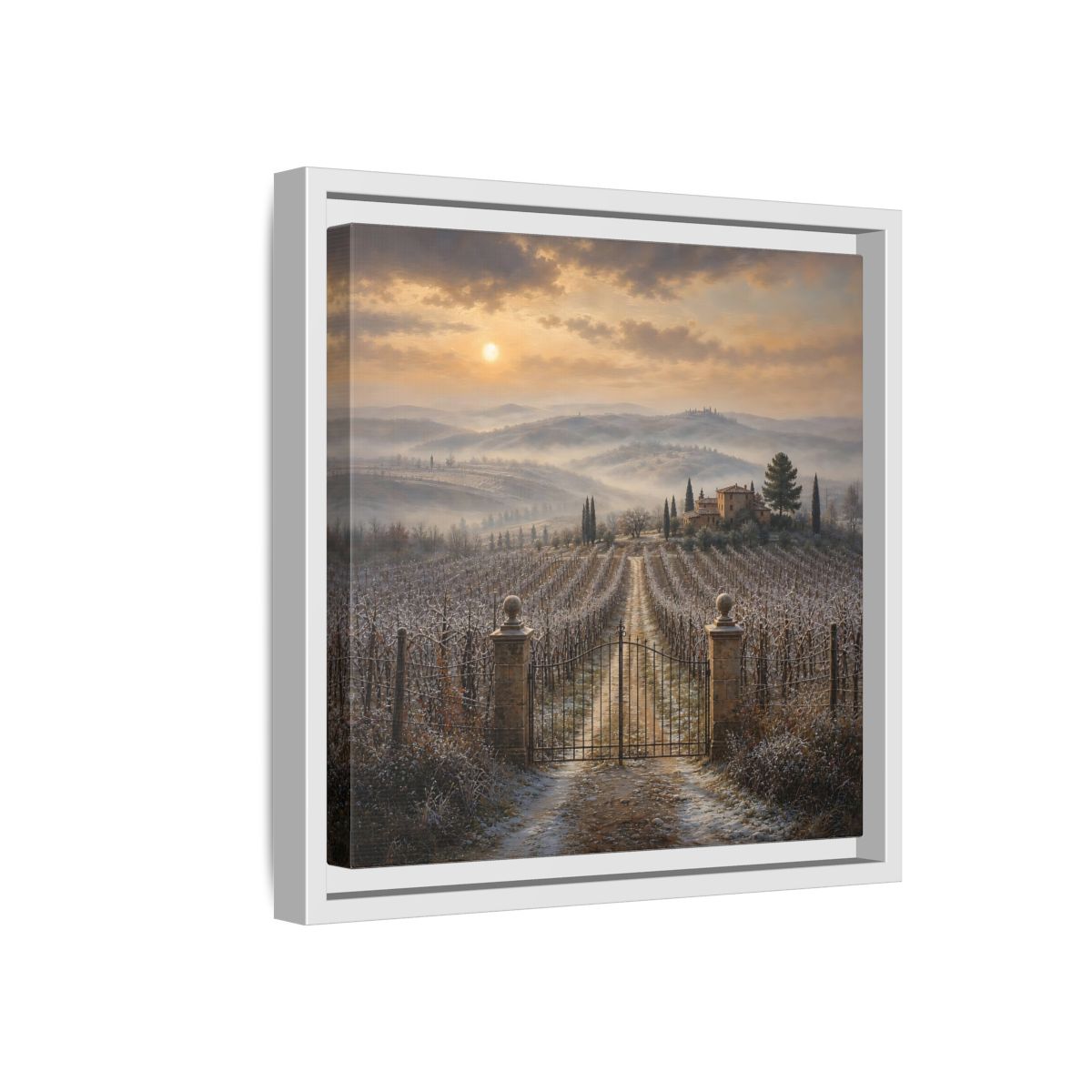 Side Mockup 16. Nature Vineyard Tuscan Vineyard Sunset shown as stretched canvas wall art