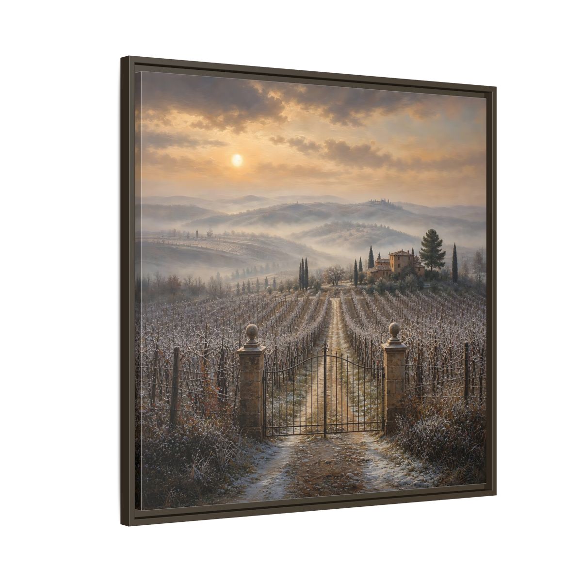 Side Mockup 8. Nature Vineyard Tuscan Vineyard Sunset shown as stretched canvas wall art