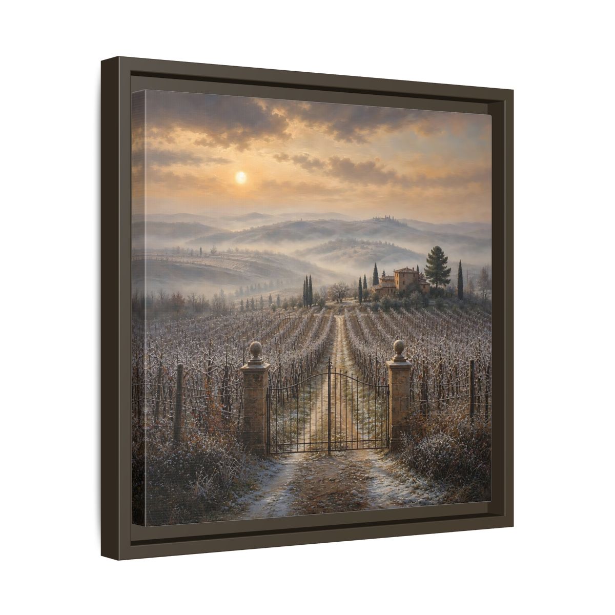 Side Mockup 29. Nature Vineyard Tuscan Vineyard Sunset shown as stretched canvas wall art