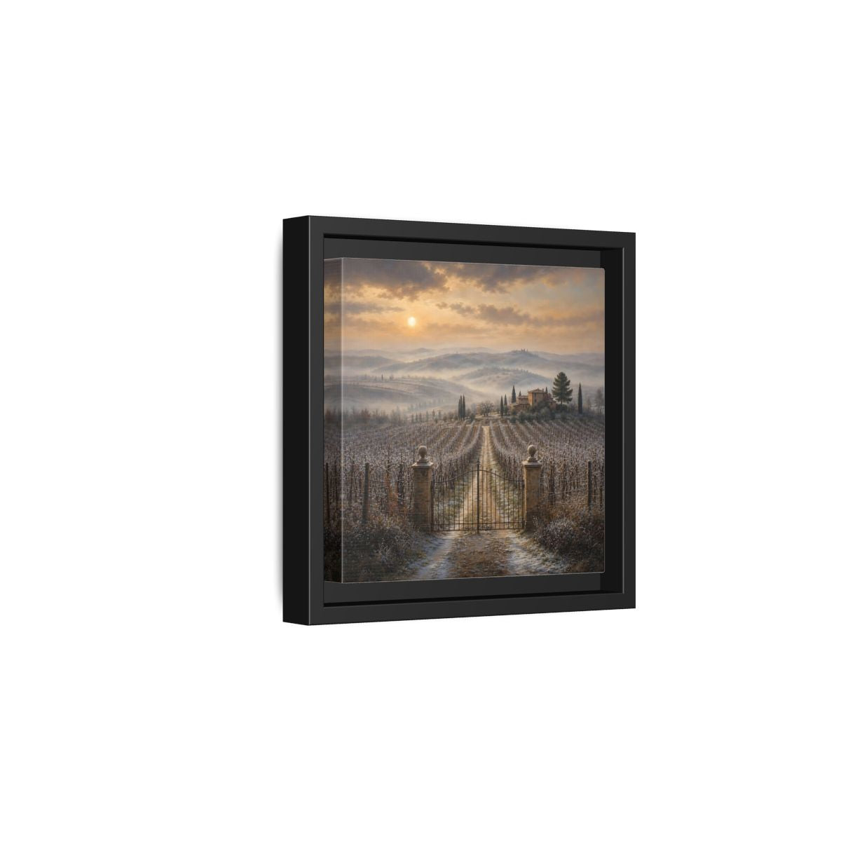 Side Mockup 3. Nature Vineyard Tuscan Vineyard Sunset shown as stretched canvas wall art