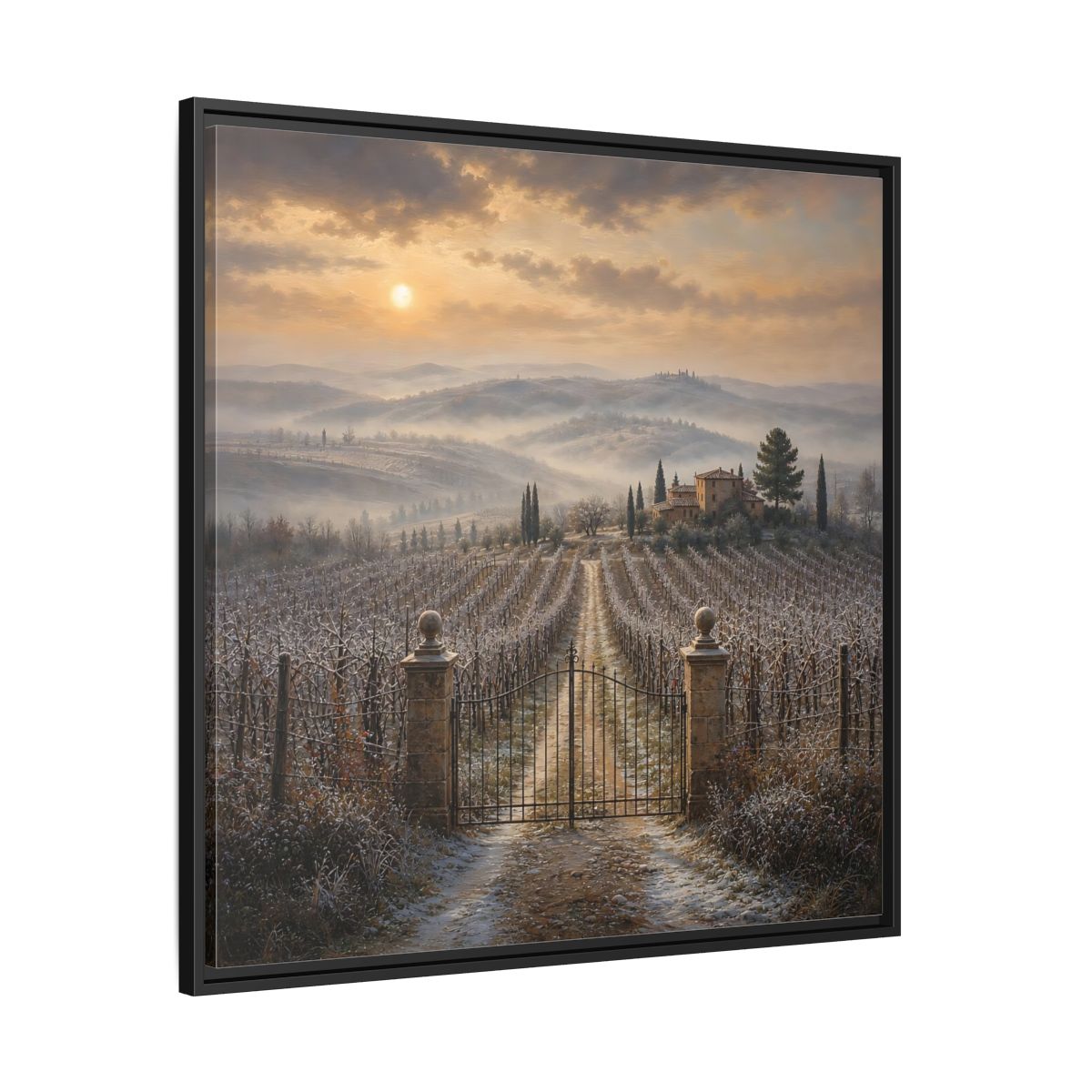 Side Mockup 30. Nature Vineyard Tuscan Vineyard Sunset shown as stretched canvas wall art