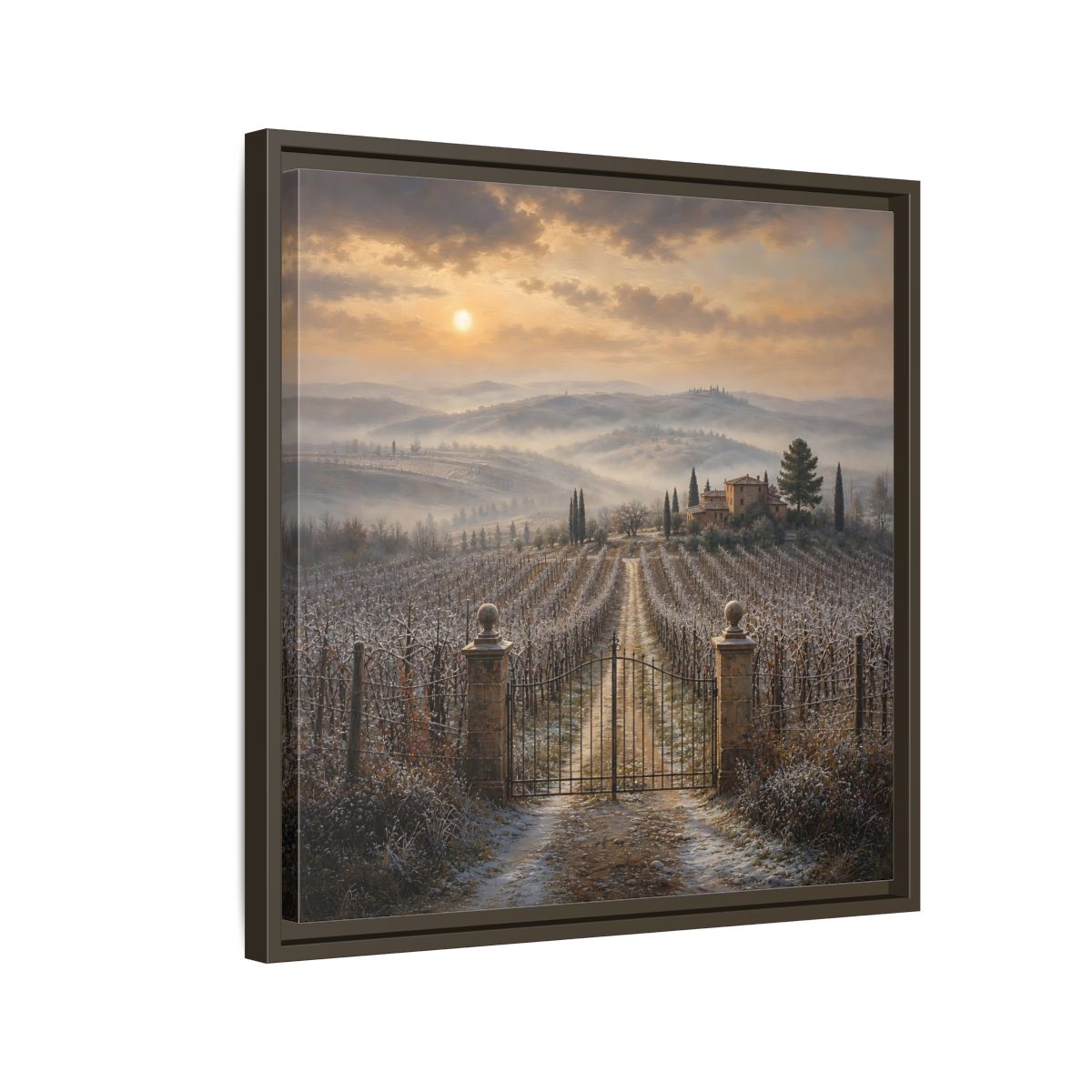 Side Mockup 11. Nature Vineyard Tuscan Vineyard Sunset shown as stretched canvas wall art