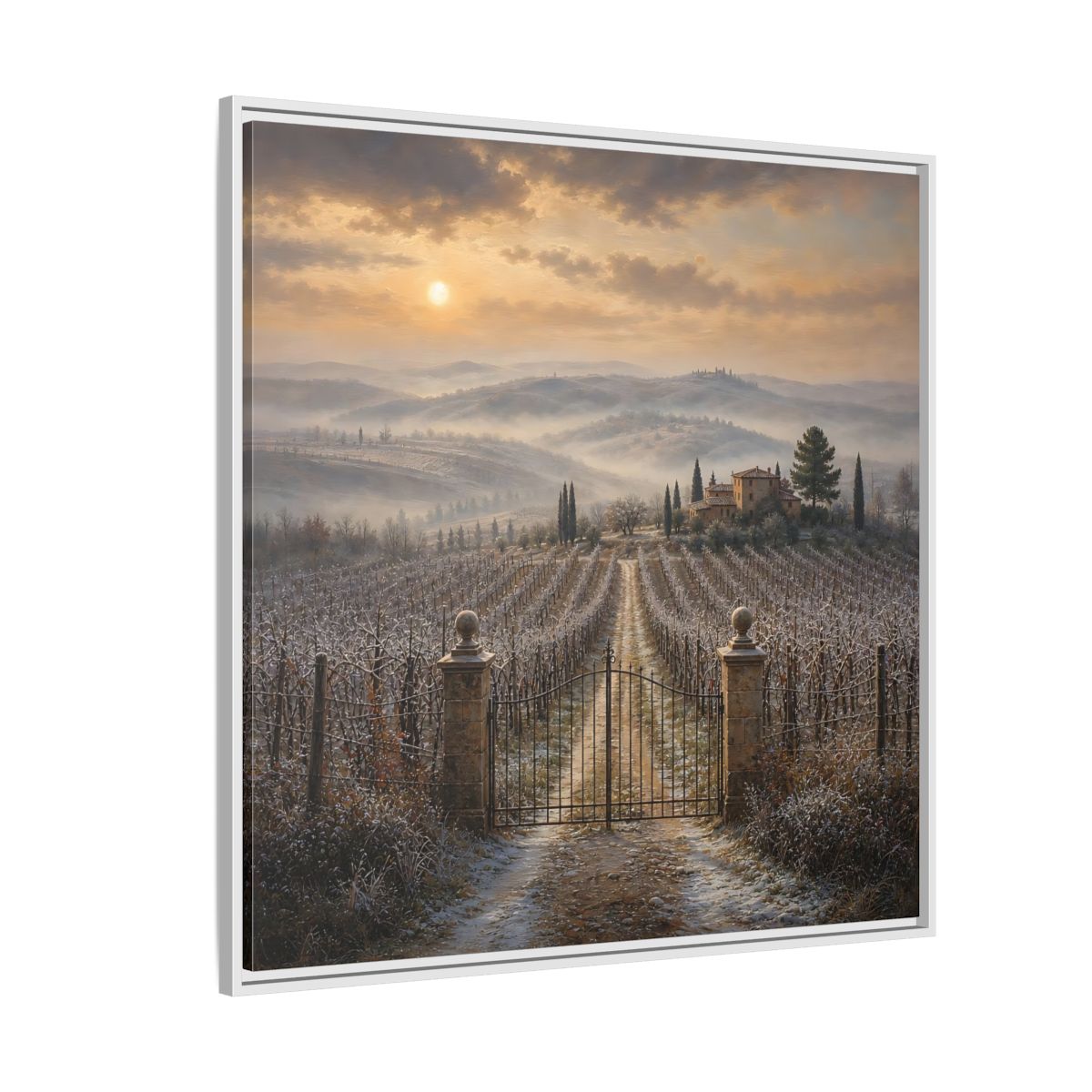 Side Mockup 4. Nature Vineyard Tuscan Vineyard Sunset shown as stretched canvas wall art