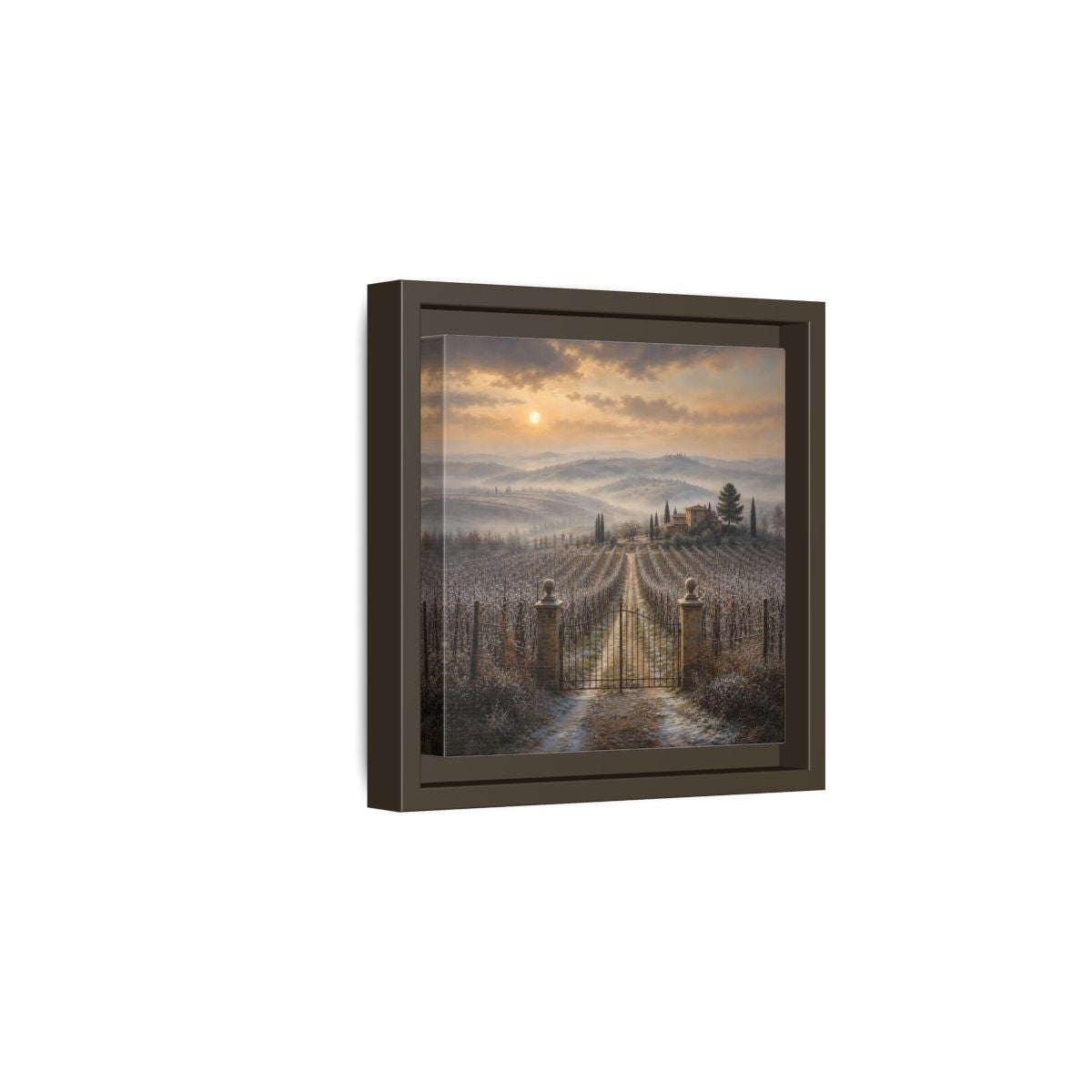 Side Mockup 2. Nature Vineyard Tuscan Vineyard Sunset shown as stretched canvas wall art
