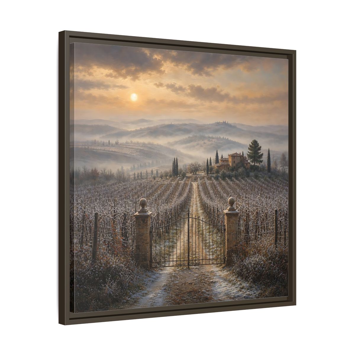 Side Mockup 27. Nature Vineyard Tuscan Vineyard Sunset shown as stretched canvas wall art