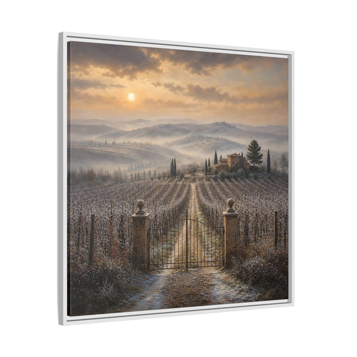 Side Mockup 25. Nature Vineyard Tuscan Vineyard Sunset shown as stretched canvas wall art