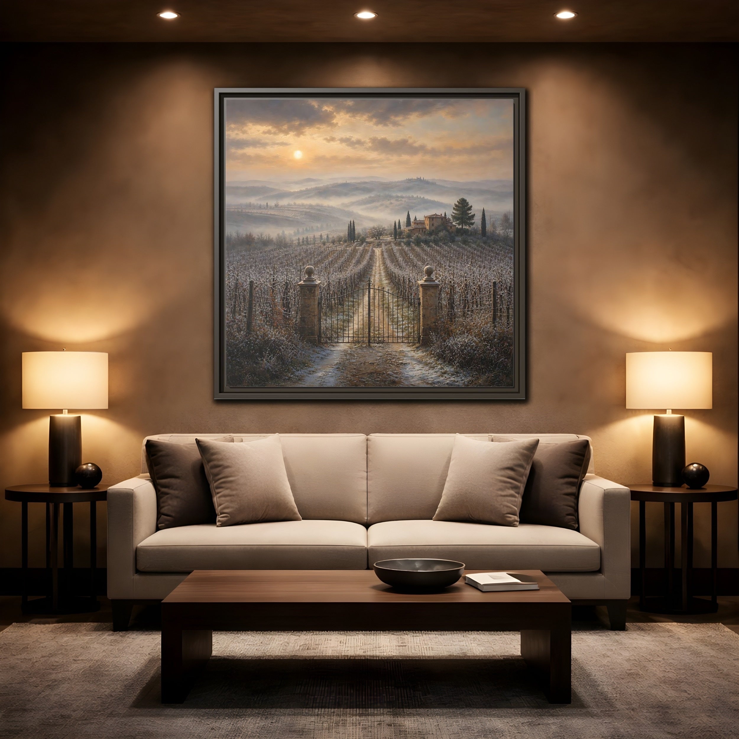 Mockup 2. Nature Vineyard Tuscan Vineyard Sunset shown as stretched canvas wall art