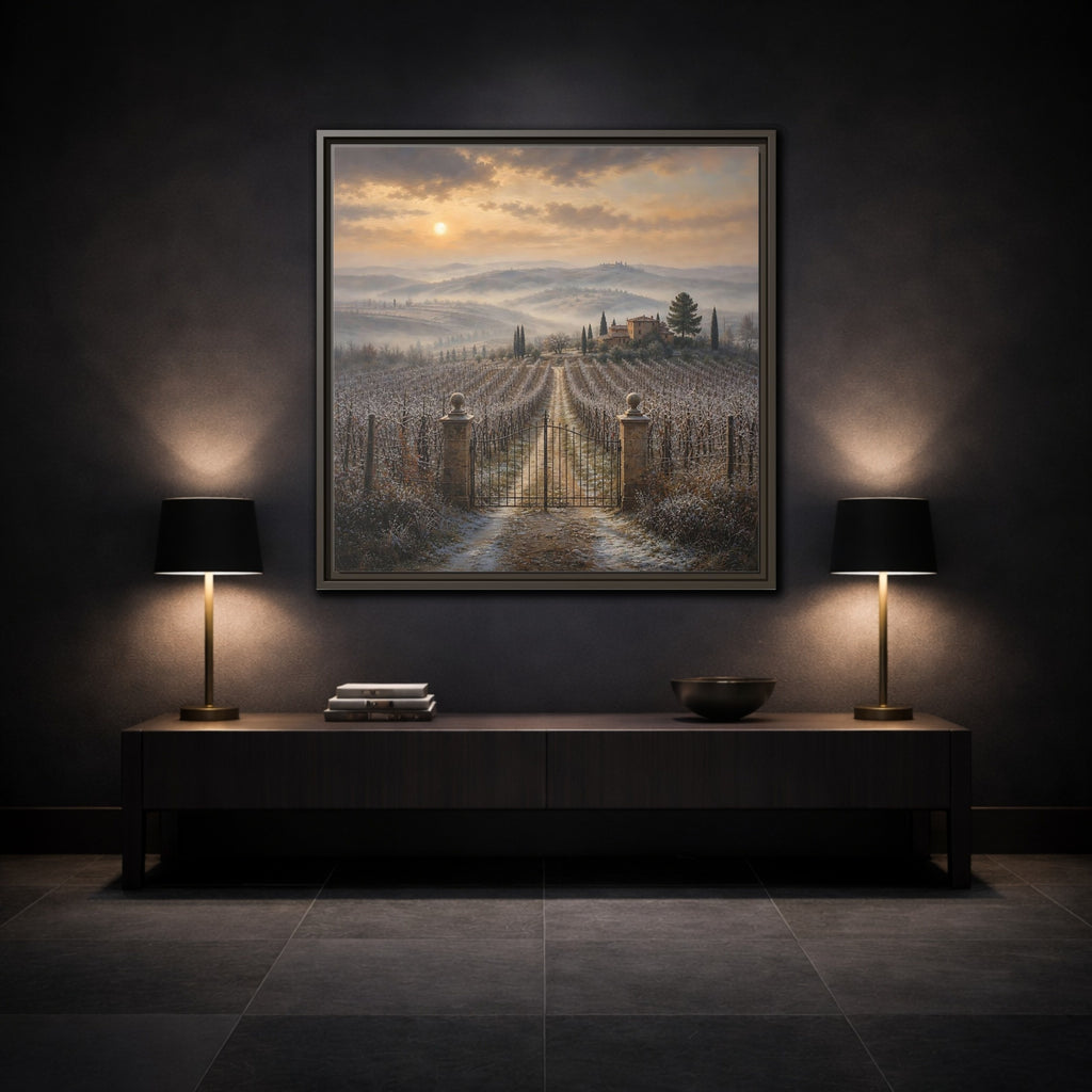 Mockup 3. Nature Vineyard Tuscan Vineyard Sunset shown as stretched canvas wall art