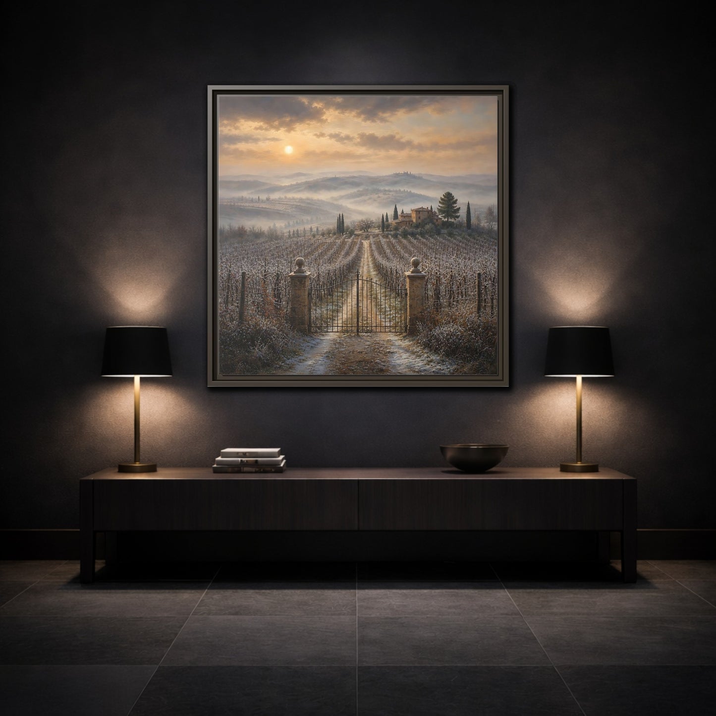Mockup 3. Nature Vineyard Tuscan Vineyard Sunset shown as stretched canvas wall art