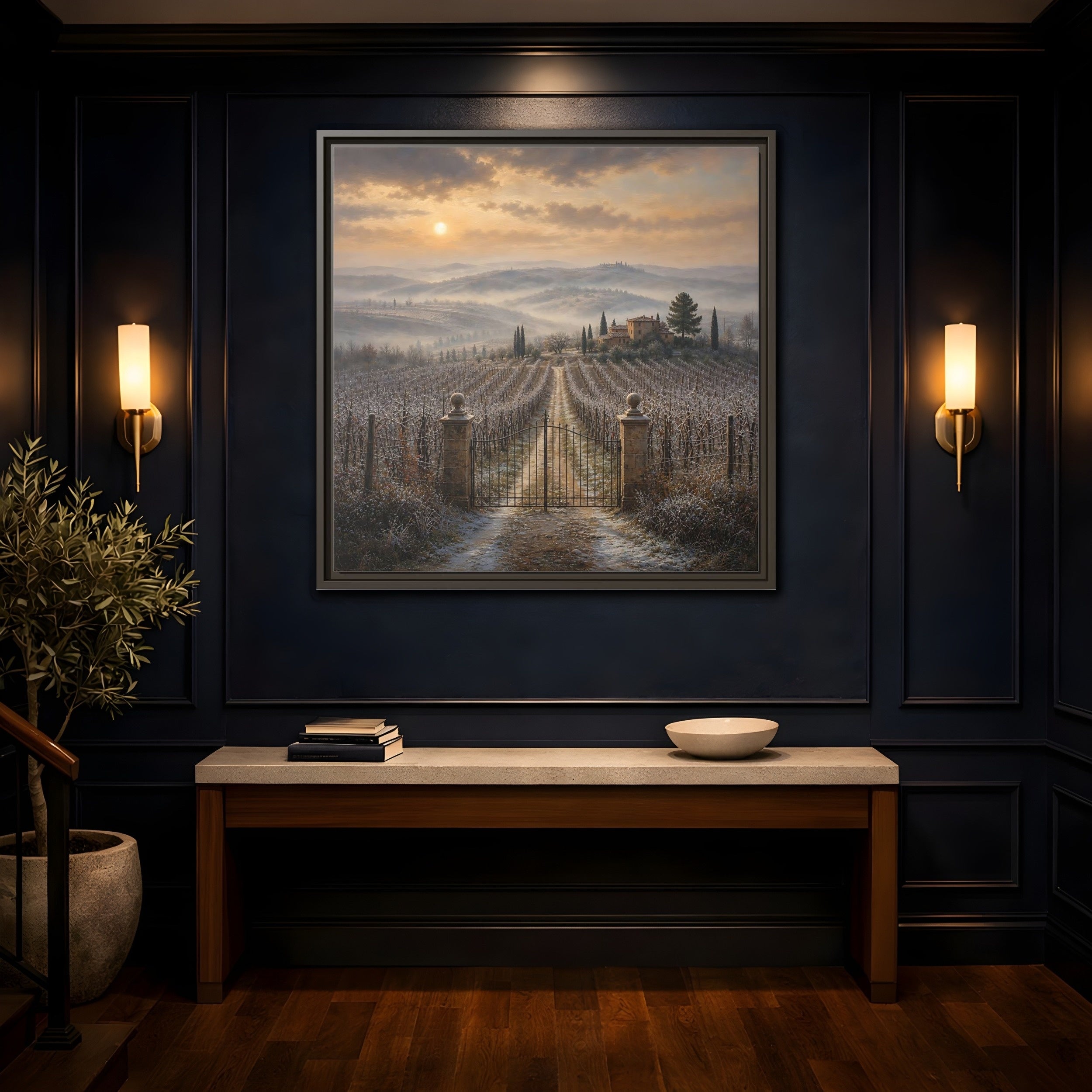 Mockup 4. Nature Vineyard Tuscan Vineyard Sunset shown as stretched canvas wall art