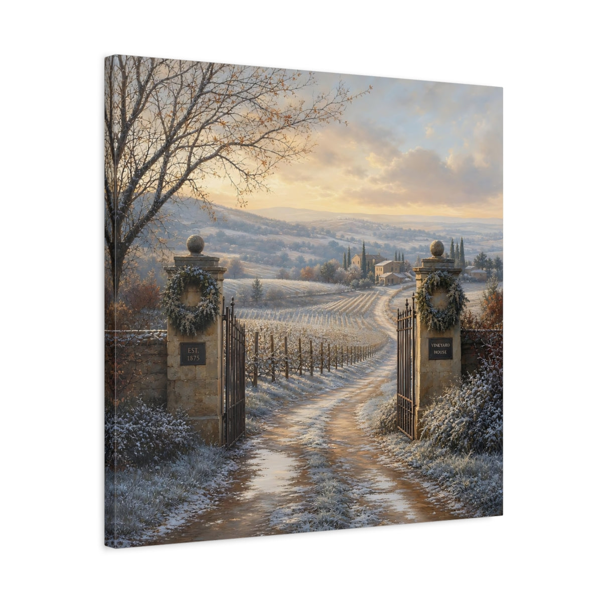 Side Mockup 4. Nature Vineyard Winter Vineyard shown as stretched canvas wall art