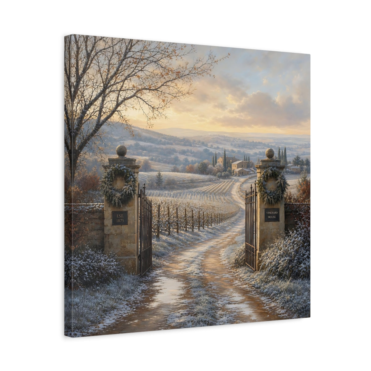Side Mockup 5. Nature Vineyard Winter Vineyard shown as stretched canvas wall art
