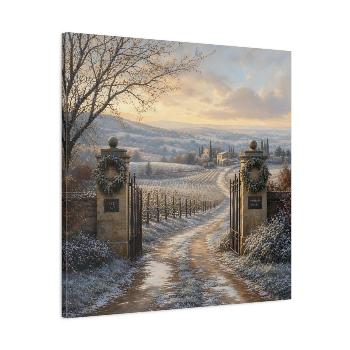 Side Mockup 3. Nature Vineyard Winter Vineyard shown as stretched canvas wall art