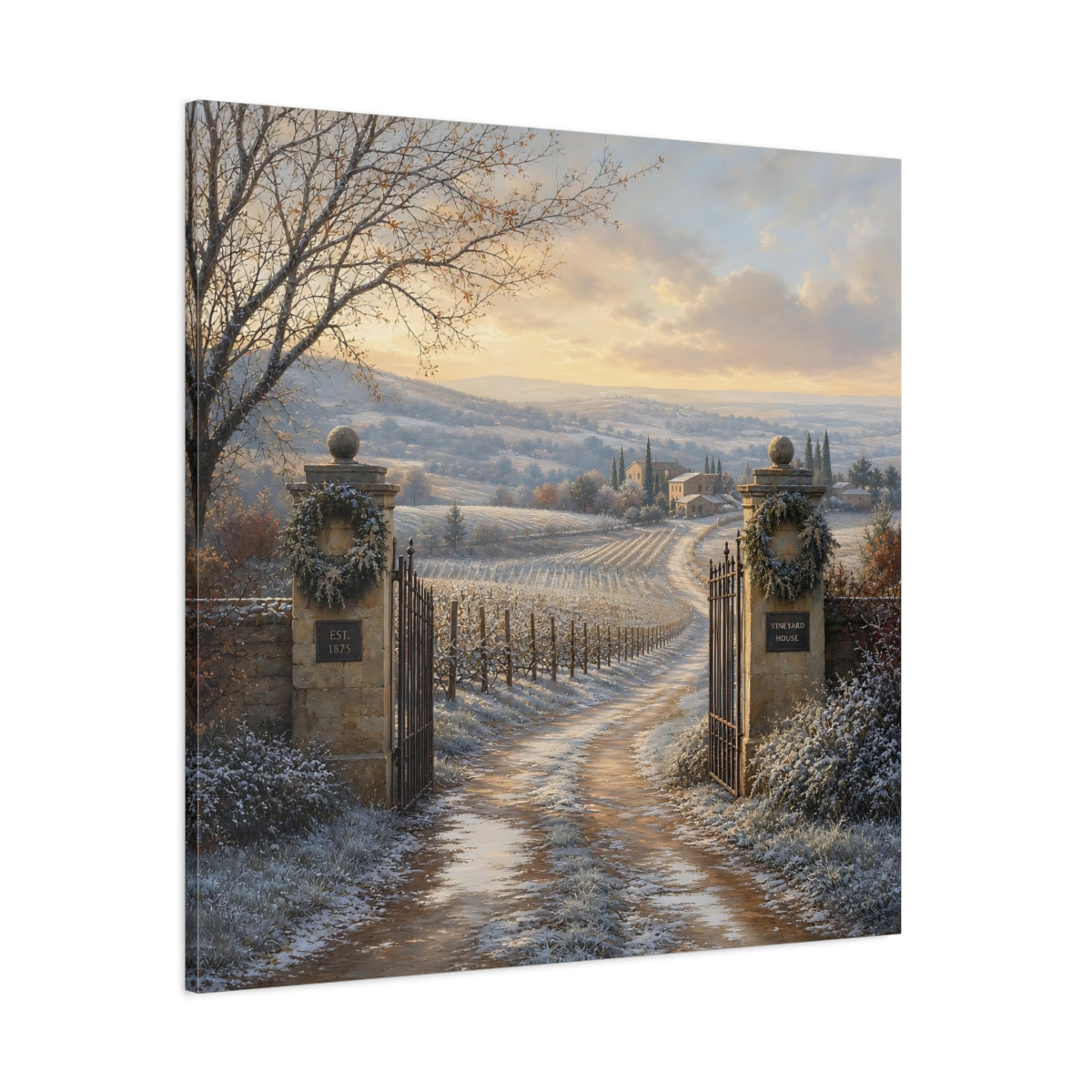 Side Mockup 1. Nature Vineyard Winter Vineyard shown as stretched canvas wall art