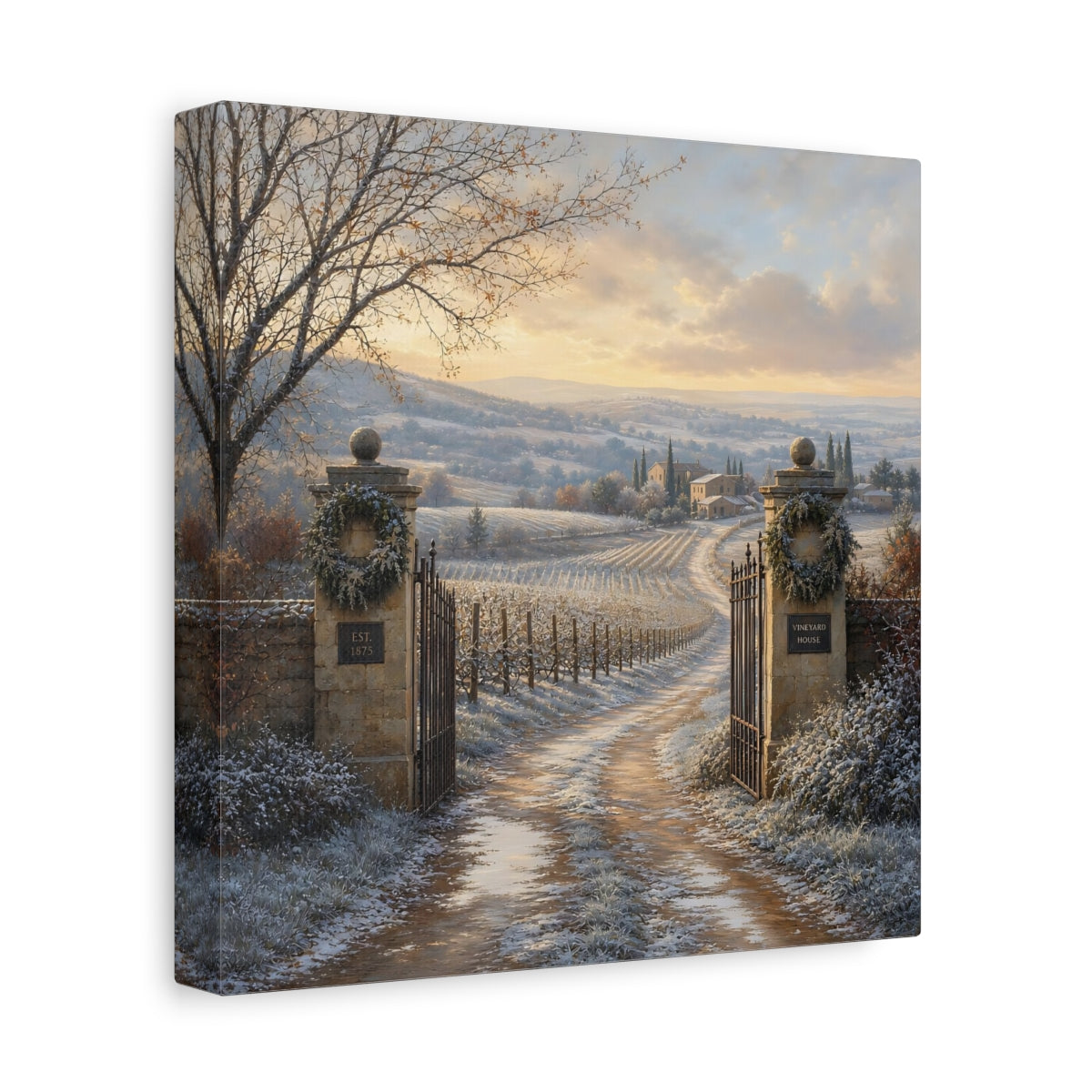 Side Mockup 9. Nature Vineyard Winter Vineyard shown as stretched canvas wall art