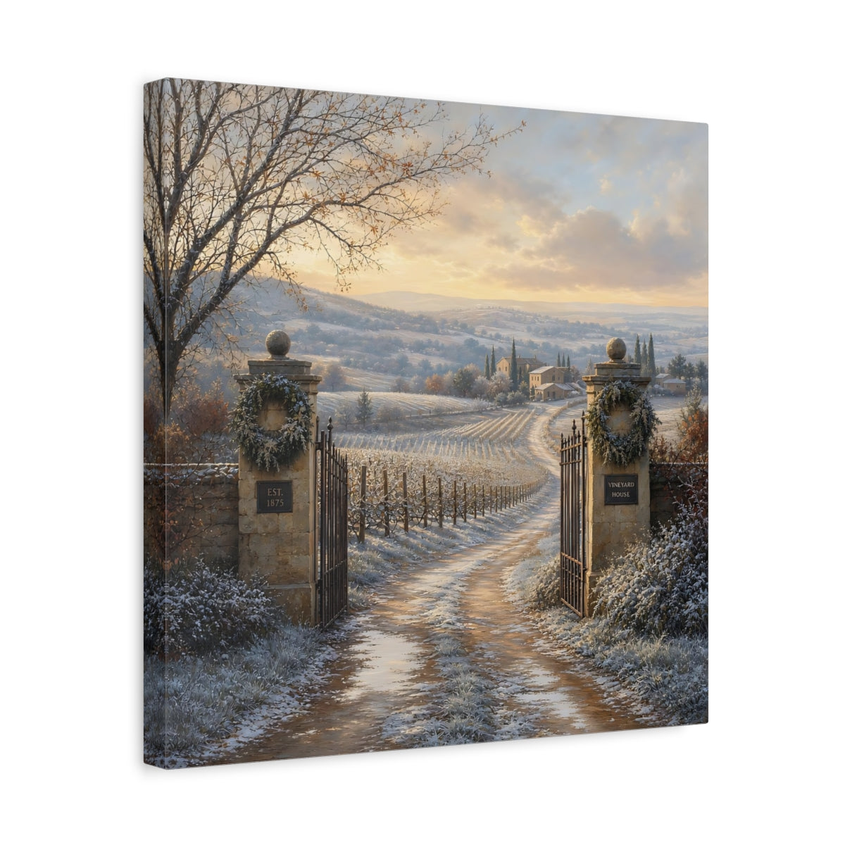 Side Mockup 6. Nature Vineyard Winter Vineyard shown as stretched canvas wall art