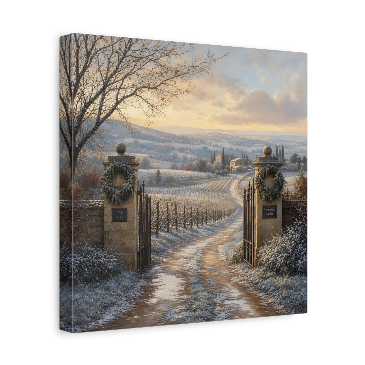 Side Mockup 8. Nature Vineyard Winter Vineyard shown as stretched canvas wall art