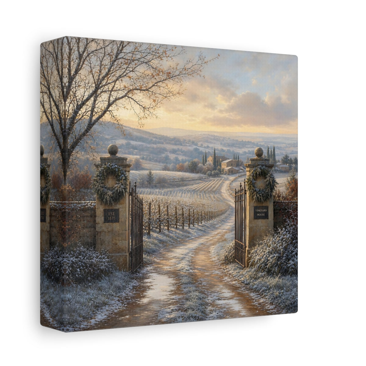 Side Mockup 2. Nature Vineyard Winter Vineyard shown as stretched canvas wall art