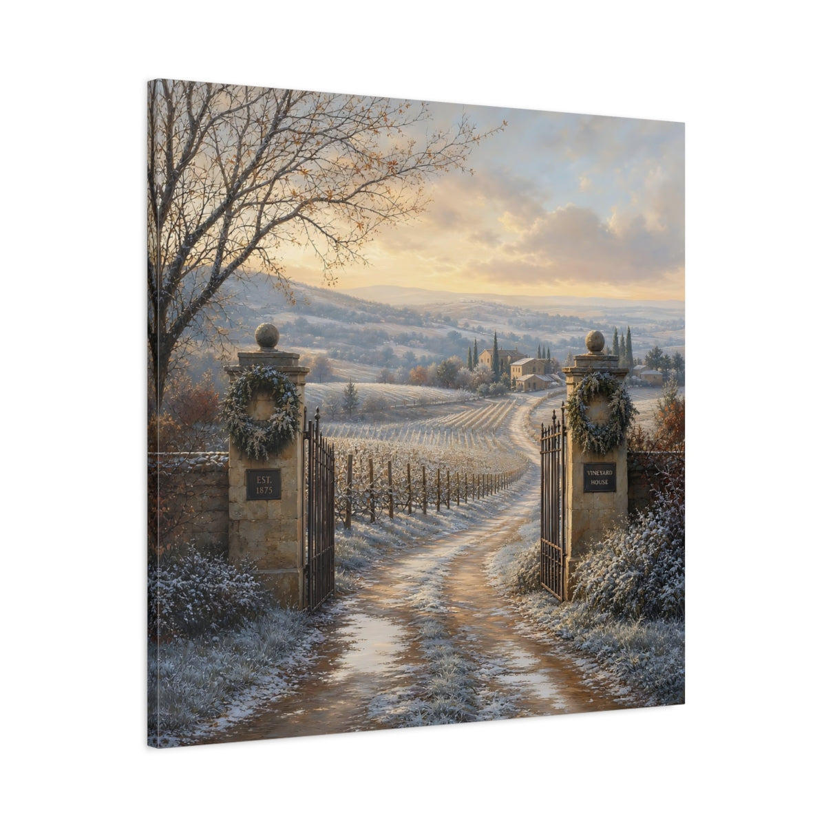 Main Mockup. Nature Vineyard Winter Vineyard shown as stretched canvas wall art