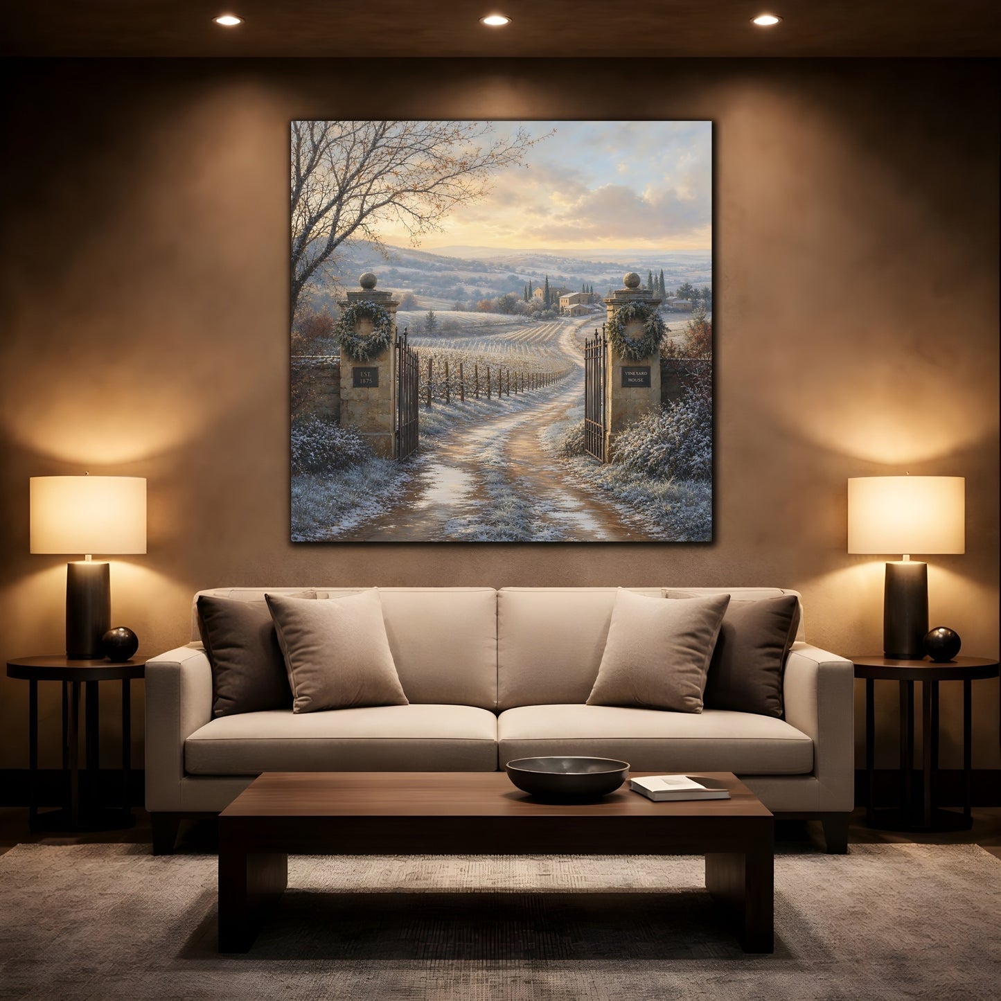 Mockup 2. Nature Vineyard Winter Vineyard shown as stretched canvas wall art