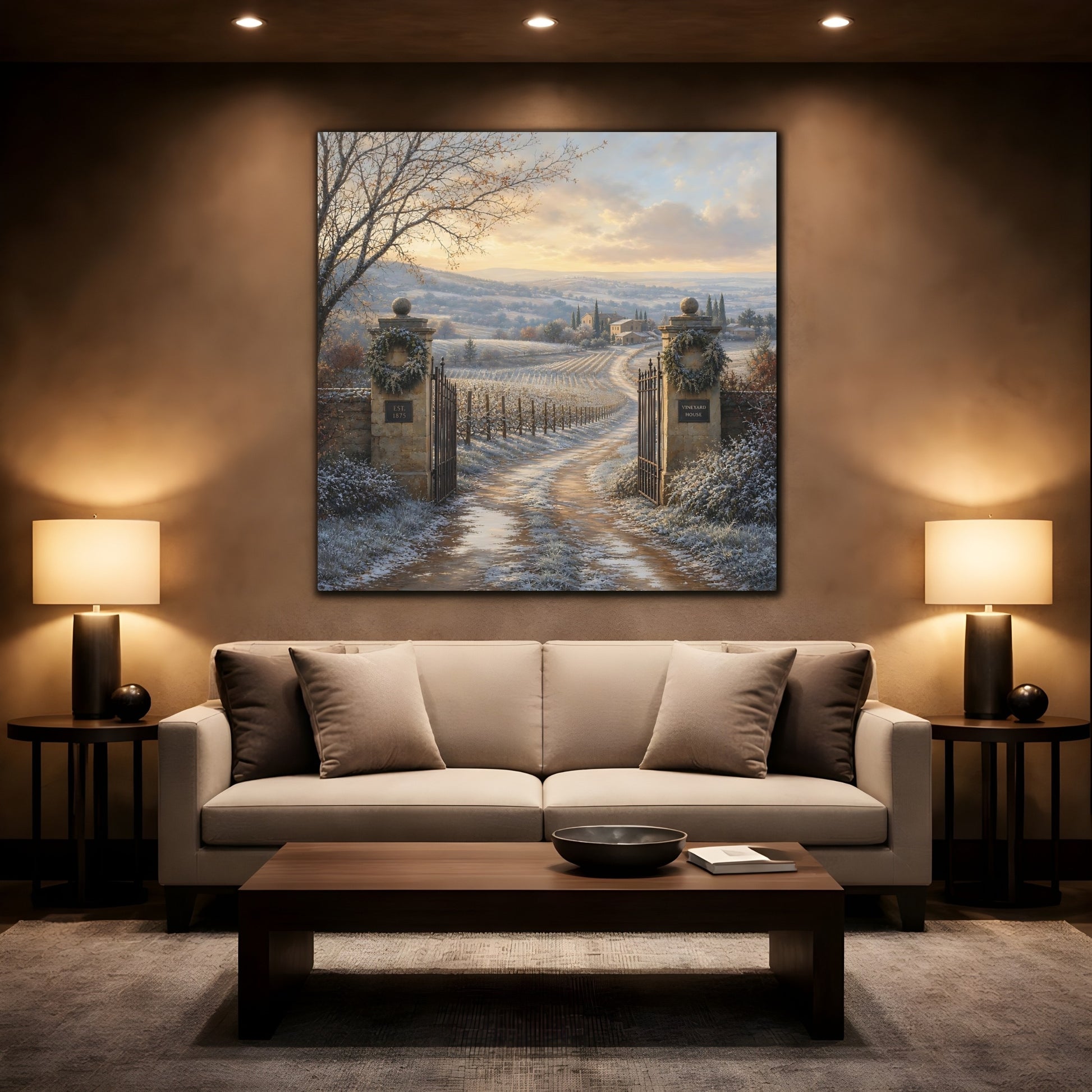 Mockup 2. Nature Vineyard Winter Vineyard shown as stretched canvas wall art