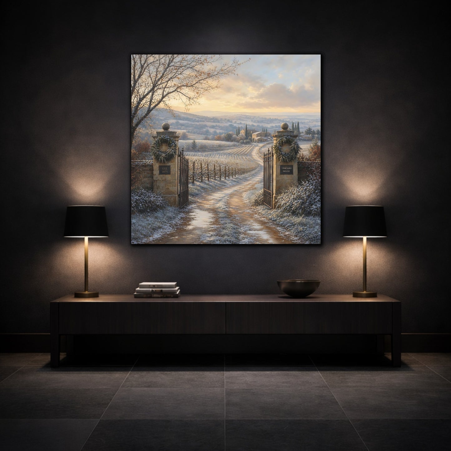 Mockup 3. Nature Vineyard Winter Vineyard shown as stretched canvas wall art