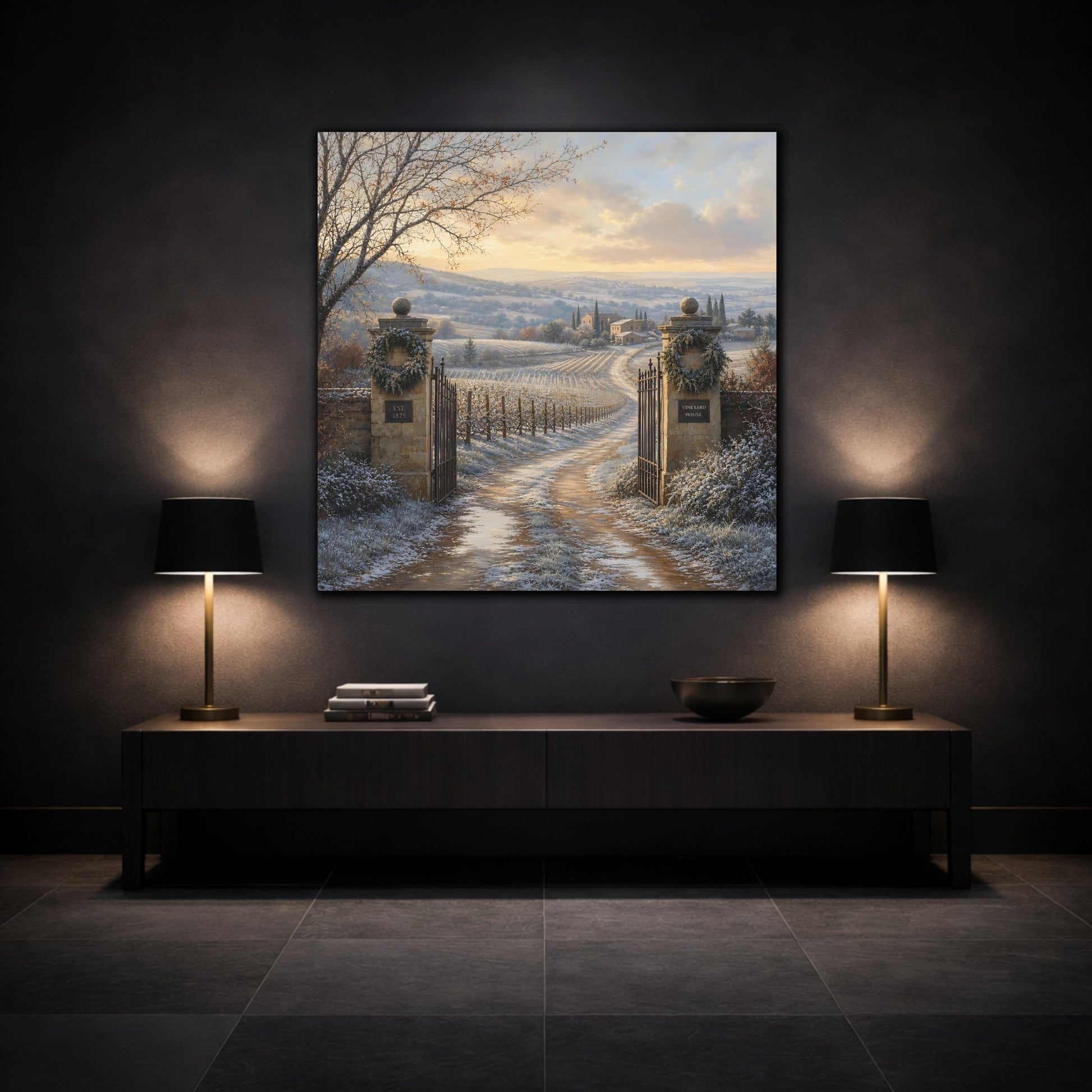 Mockup 3. Nature Vineyard Winter Vineyard shown as stretched canvas wall art