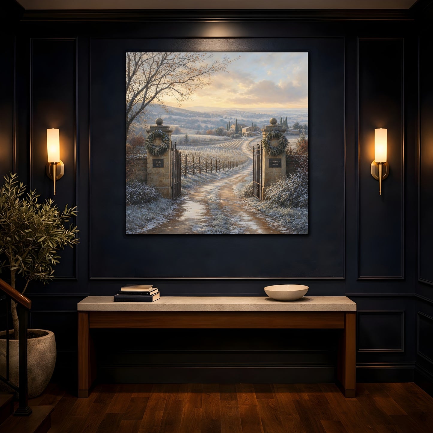 Mockup 4. Nature Vineyard Winter Vineyard shown as stretched canvas wall art