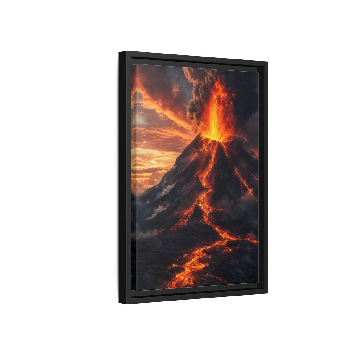 Nature Volcanic Eruption Fiery Volcano Framed Canvas Wall Art - Dramatic Living Room, Above Console Table shown as canvas wall art