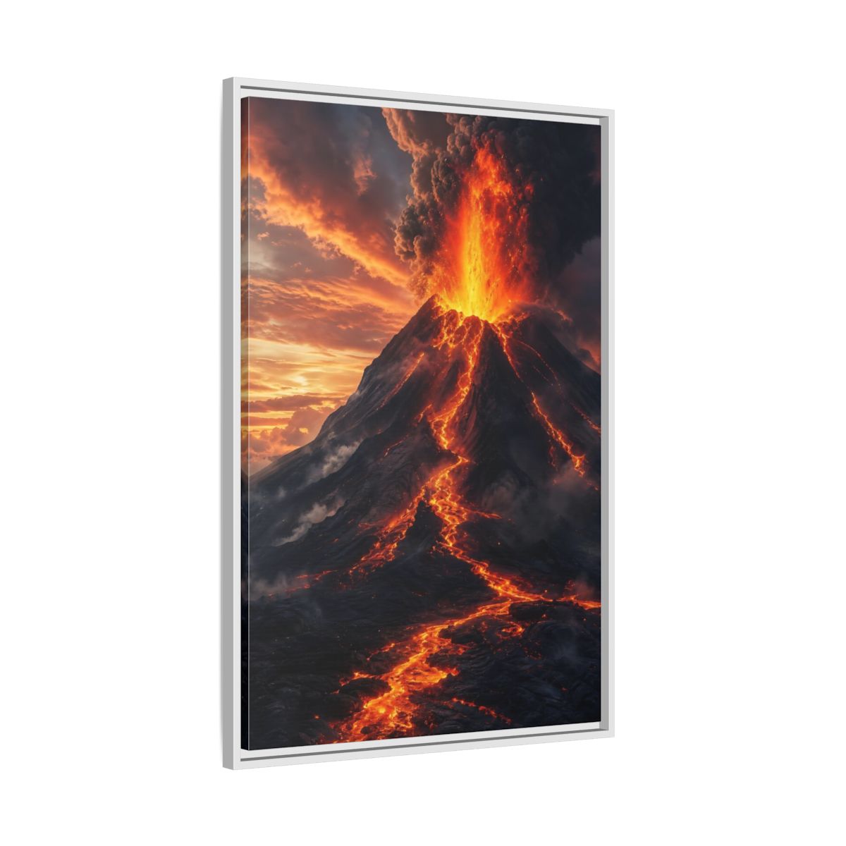 Nature Volcanic Eruption Fiery Volcano Framed Canvas Wall Art - Dramatic Living Room, Above Console Table shown as canvas wall art