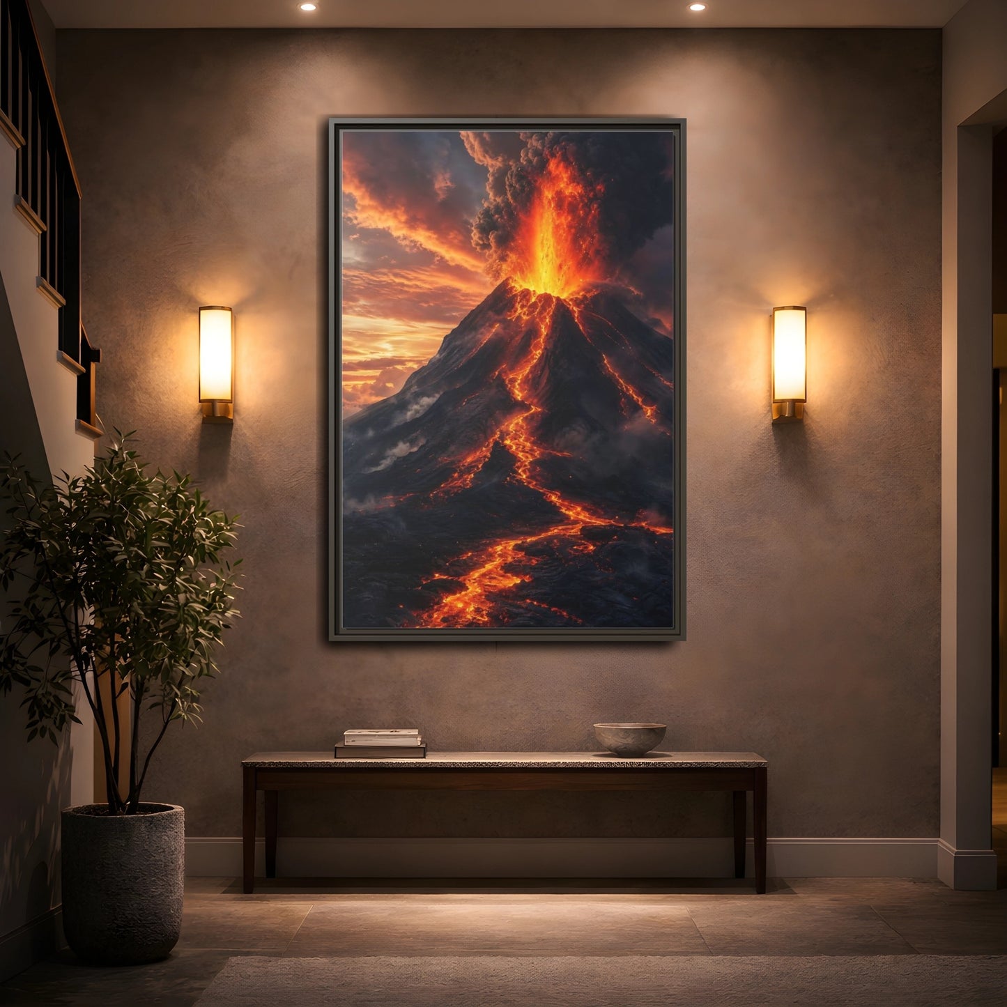 Nature Volcanic Eruption Fiery Volcano Framed Canvas Wall Art - Dramatic Living Room, Above Console Table shown as canvas wall art