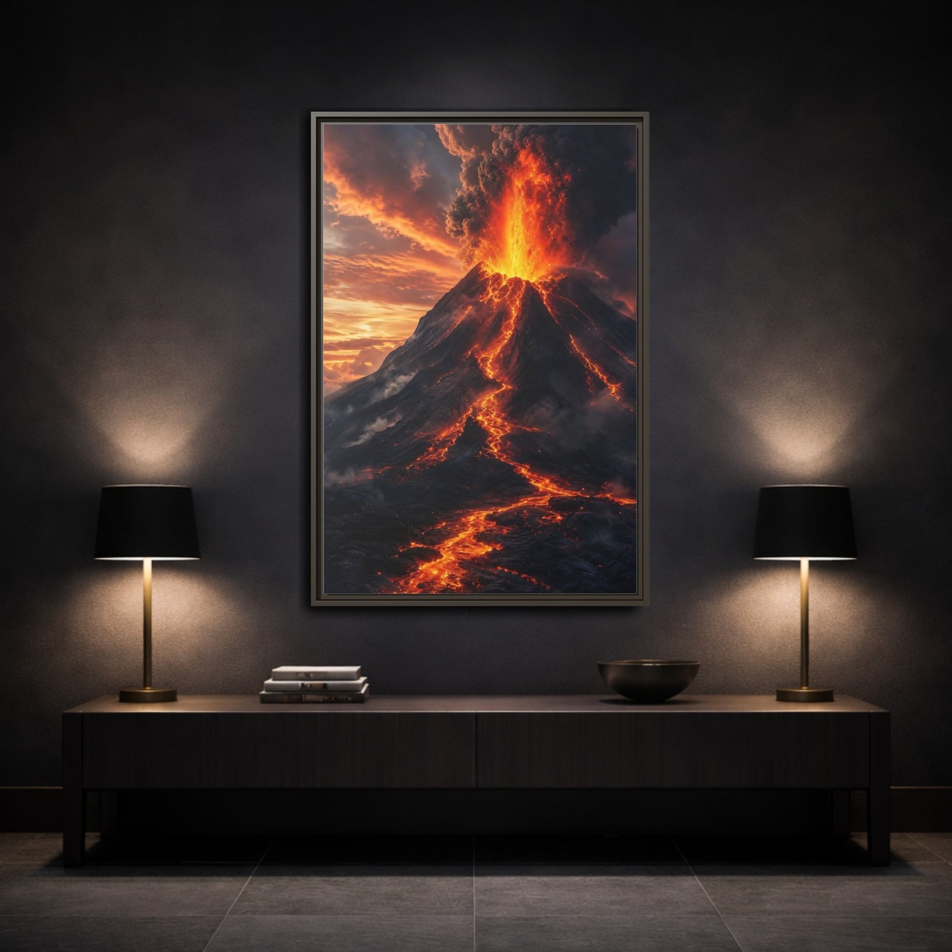 Nature Volcanic Eruption Fiery Volcano Framed Canvas Wall Art - Dramatic Living Room, Above Console Table shown as canvas wall art