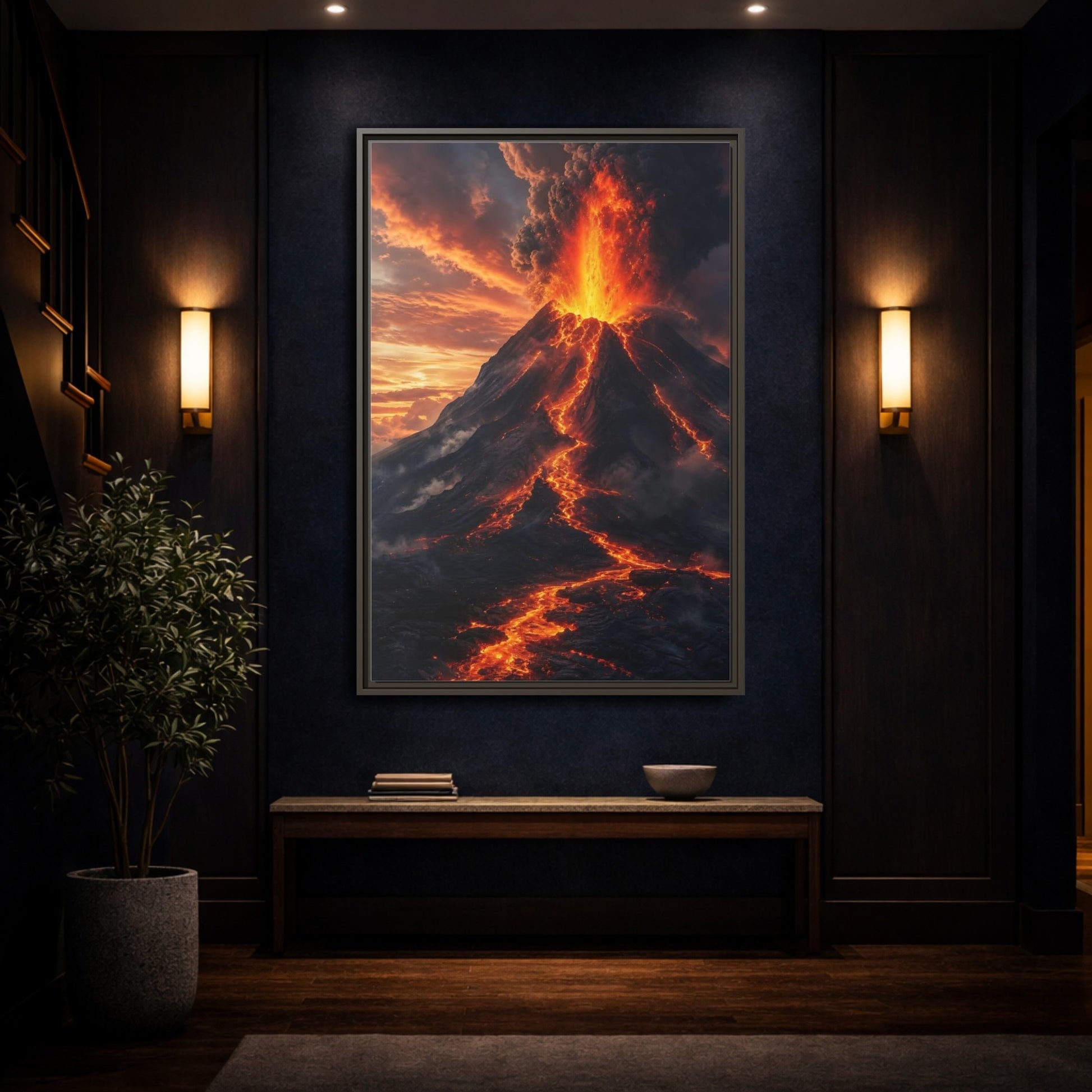 Nature Volcanic Eruption Fiery Volcano Framed Canvas Wall Art - Dramatic Living Room, Above Console Table shown as canvas wall art