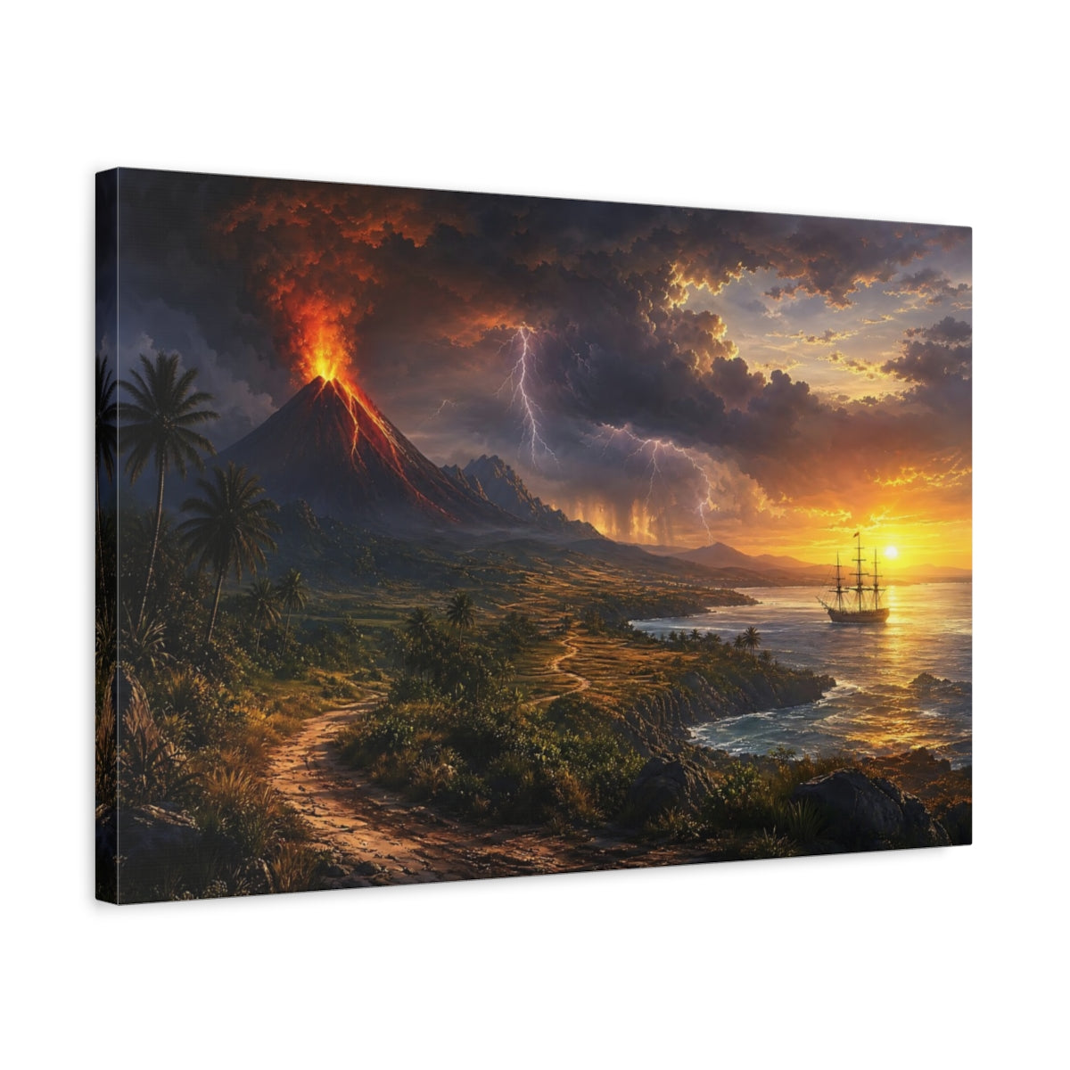 Side Mockup 3. Nature Volcano Eruption Volcanic Sunset shown as stretched canvas wall art