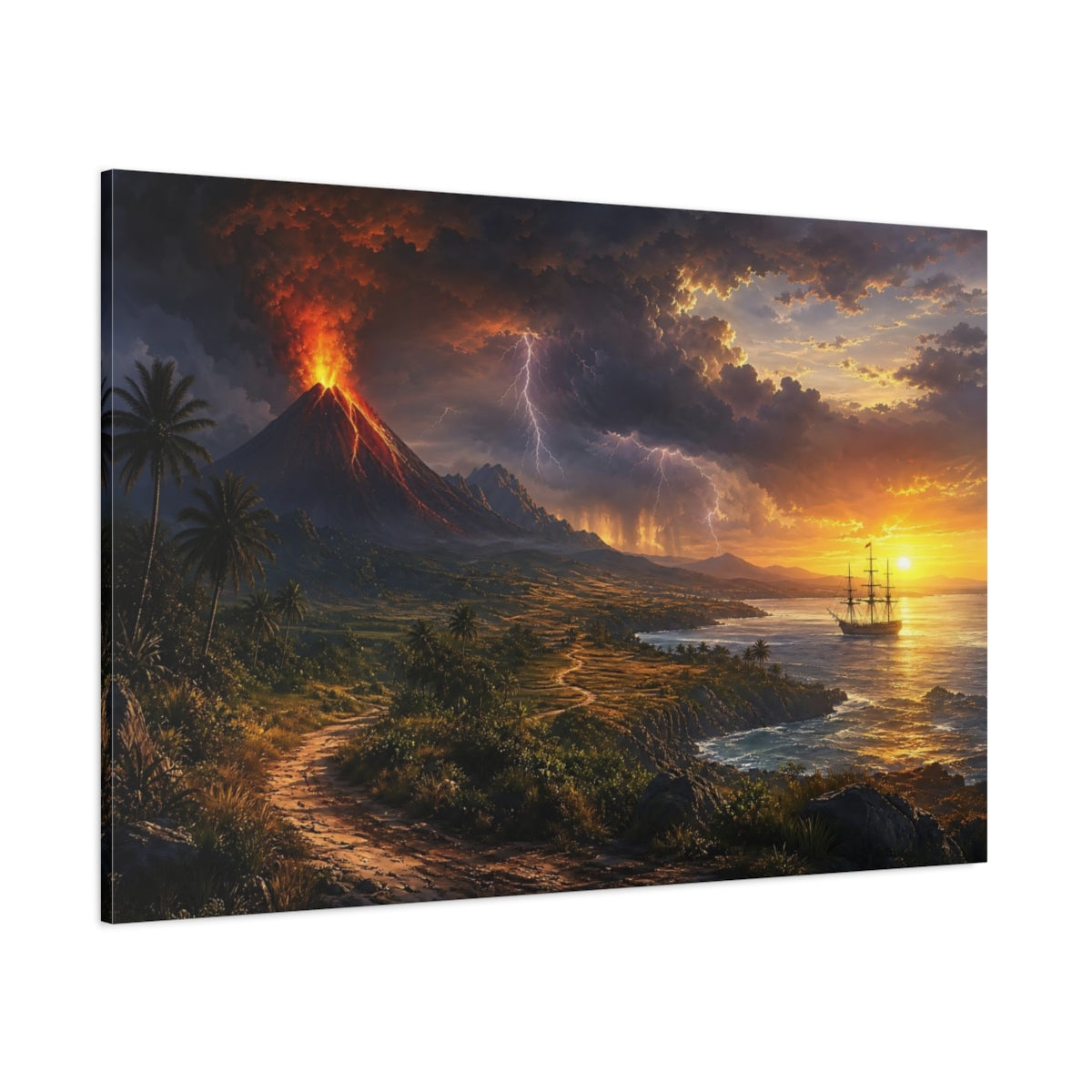 Side Mockup 1. Nature Volcano Eruption Volcanic Sunset shown as stretched canvas wall art