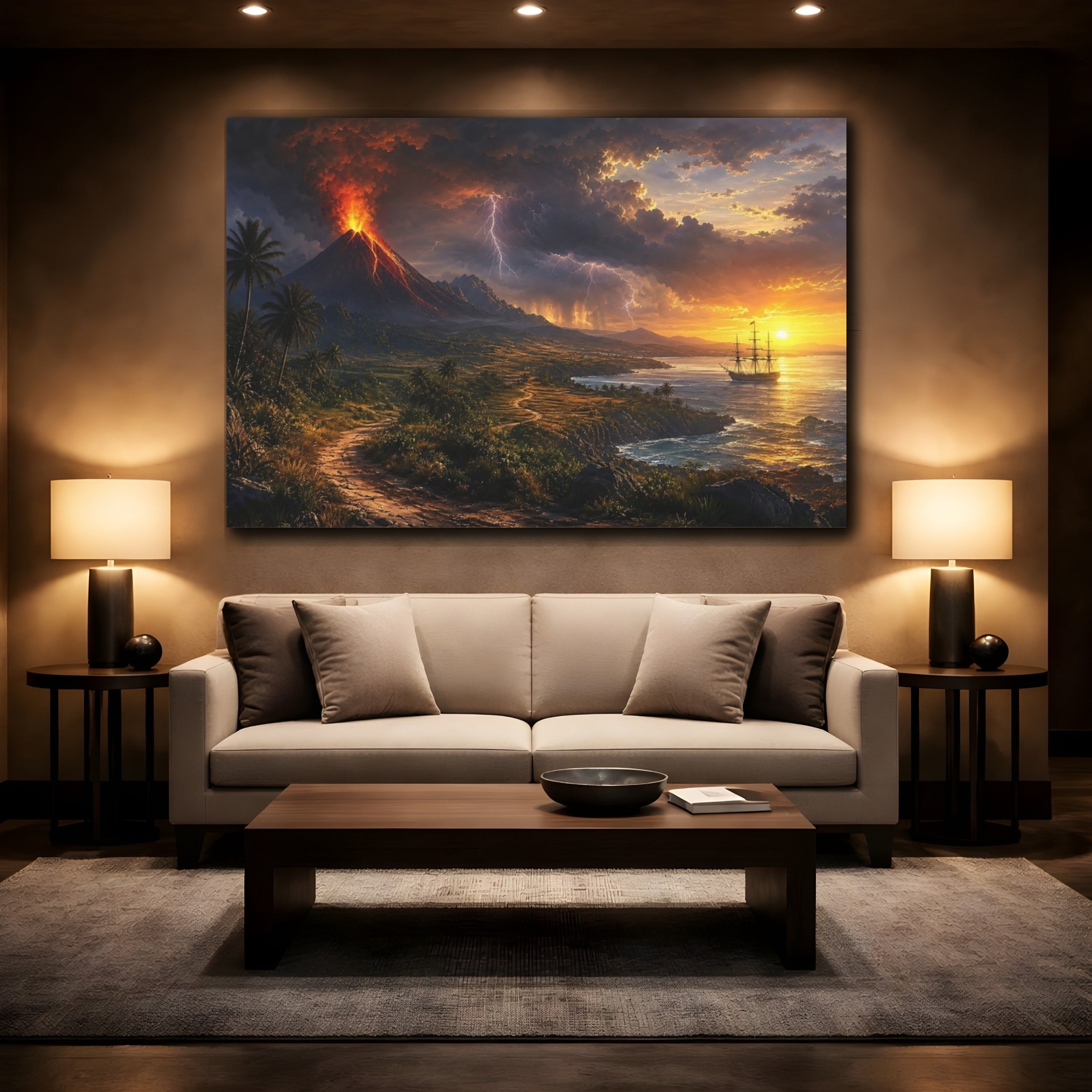 Mockup 2. Nature Volcano Eruption Volcanic Sunset shown as stretched canvas wall art