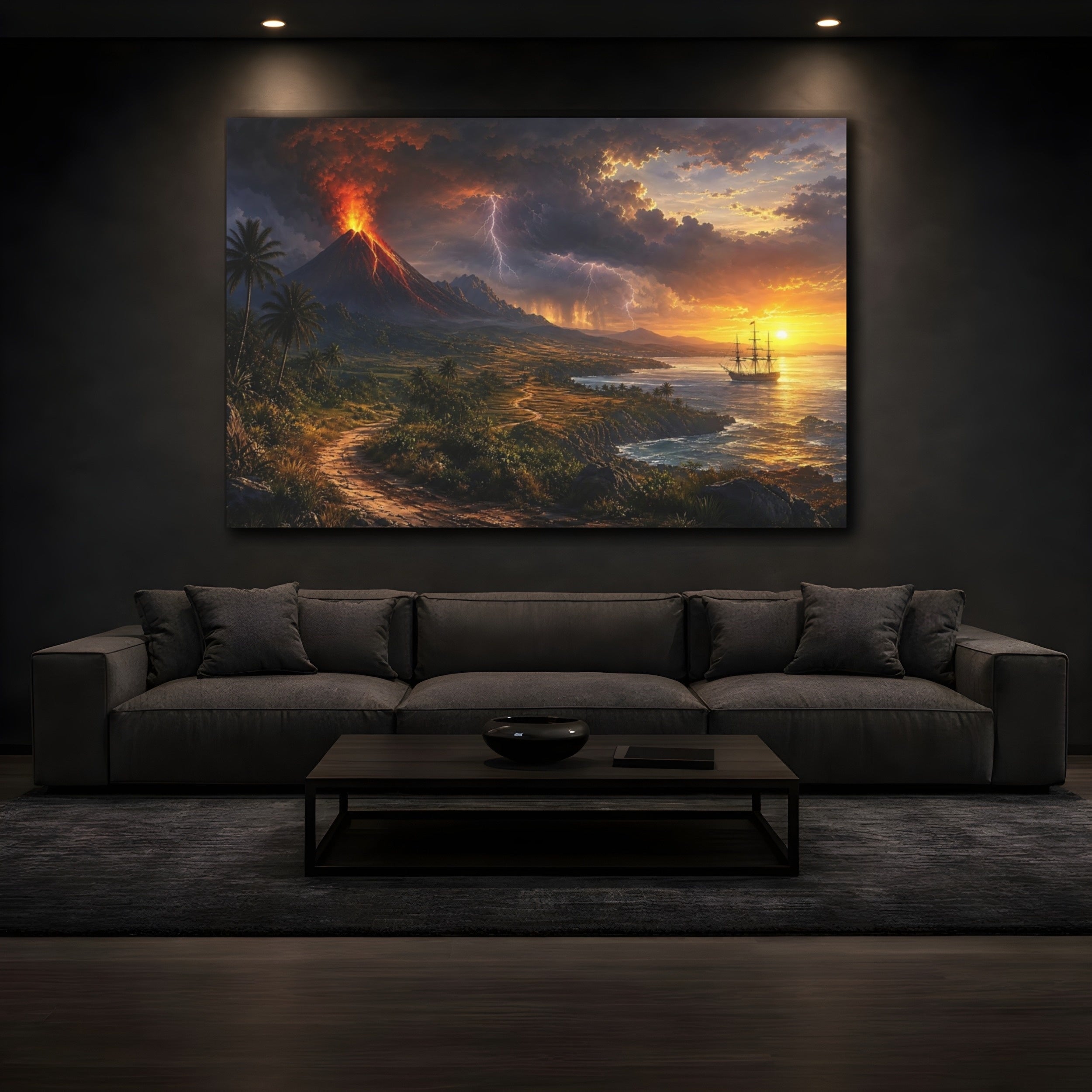 Mockup 3. Nature Volcano Eruption Volcanic Sunset shown as stretched canvas wall art