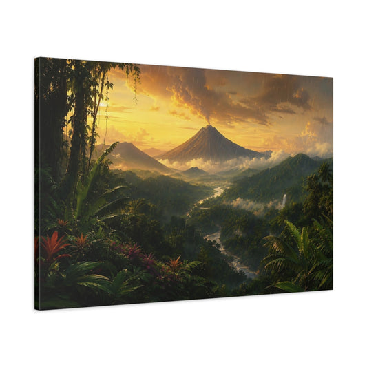 Main Mockup. Nature Volcano Landscape Green And Gold shown as stretched canvas wall art