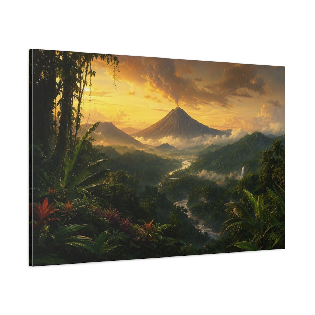 Side Mockup 1. Nature Volcano Landscape Green And Gold shown as stretched canvas wall art