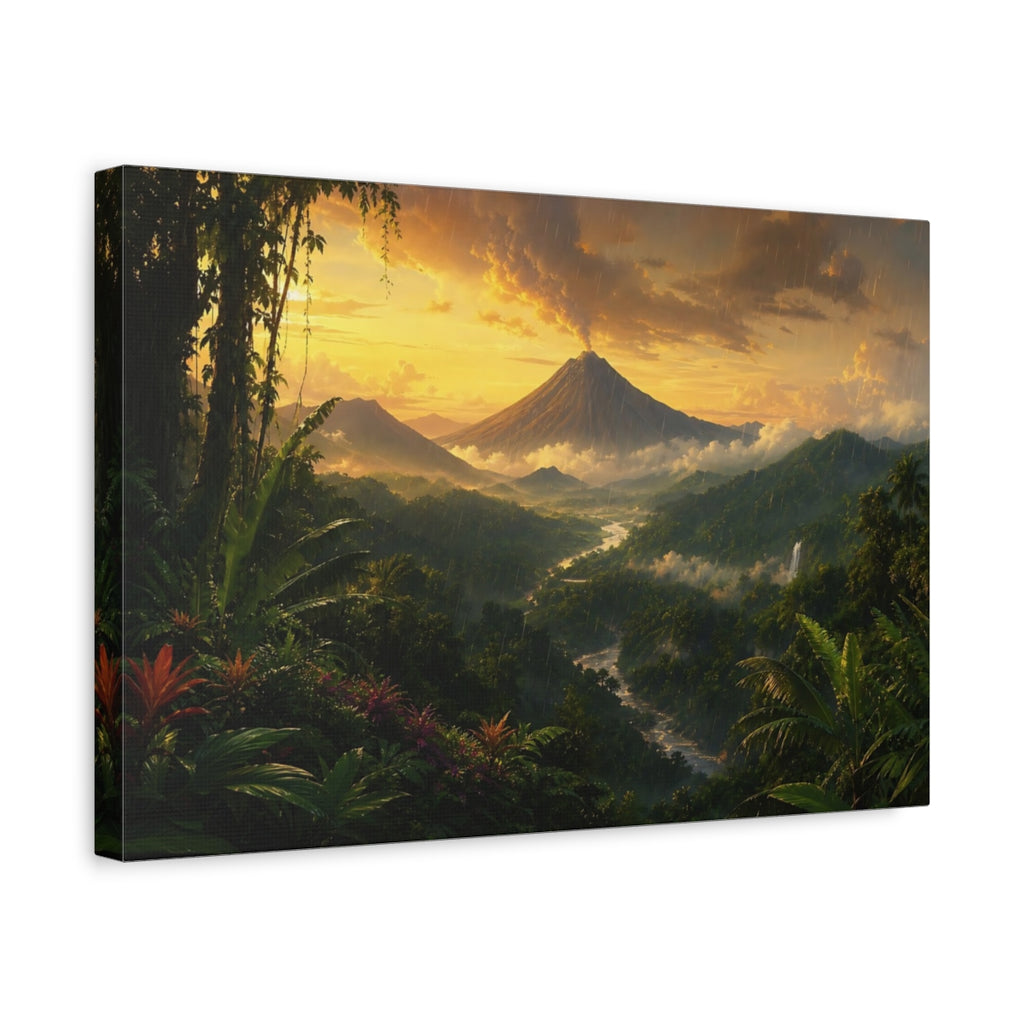 Side Mockup 4. Nature Volcano Landscape Green And Gold shown as stretched canvas wall art