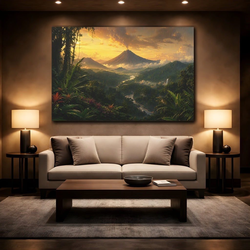 Mockup 2. Nature Volcano Landscape Green And Gold shown as stretched canvas wall art