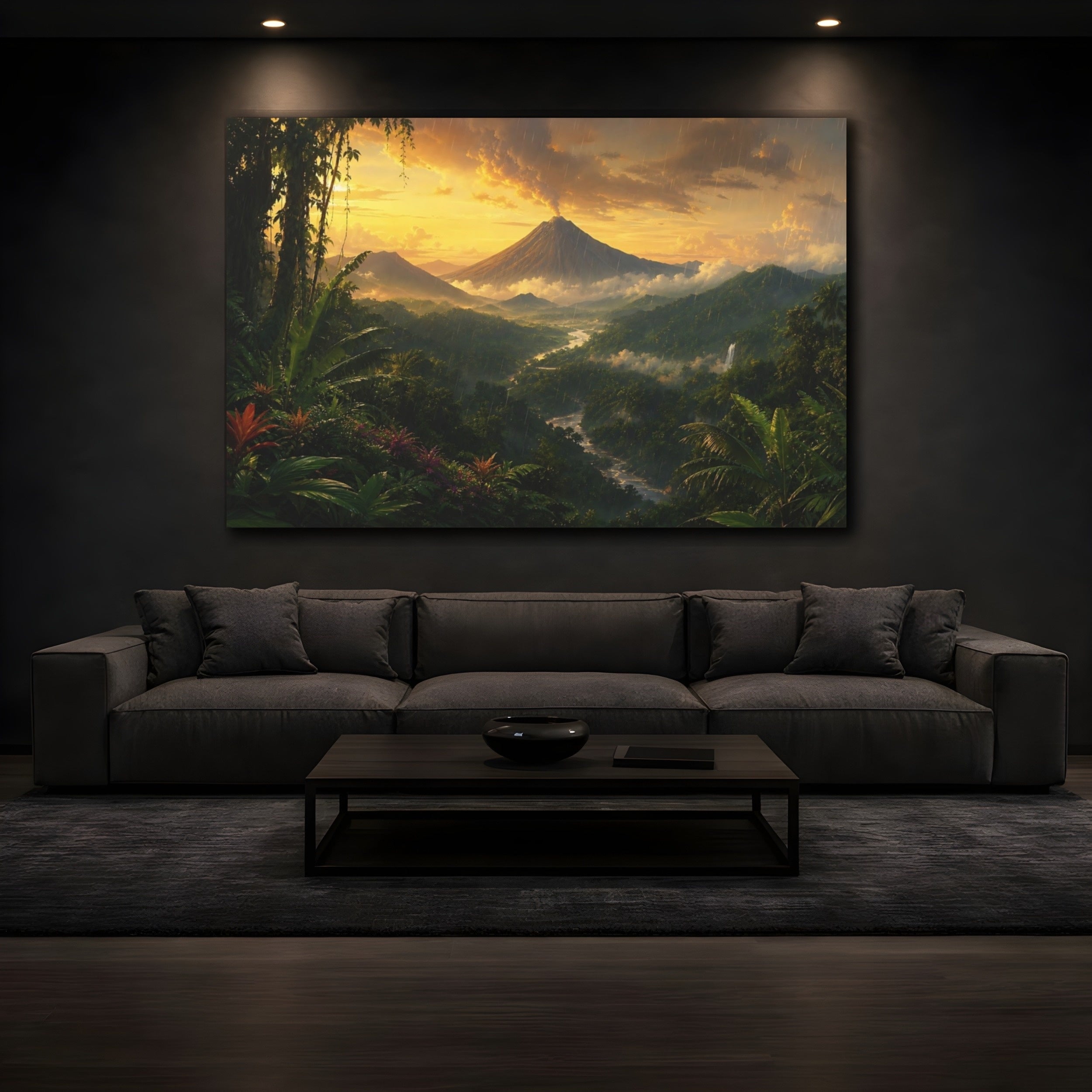 Mockup 3. Nature Volcano Landscape Green And Gold shown as stretched canvas wall art