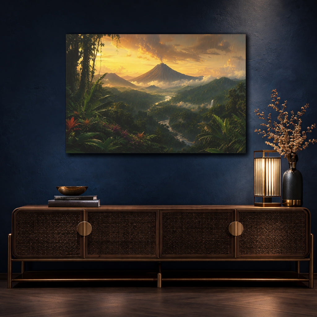 Mockup 4. Nature Volcano Landscape Green And Gold shown as stretched canvas wall art