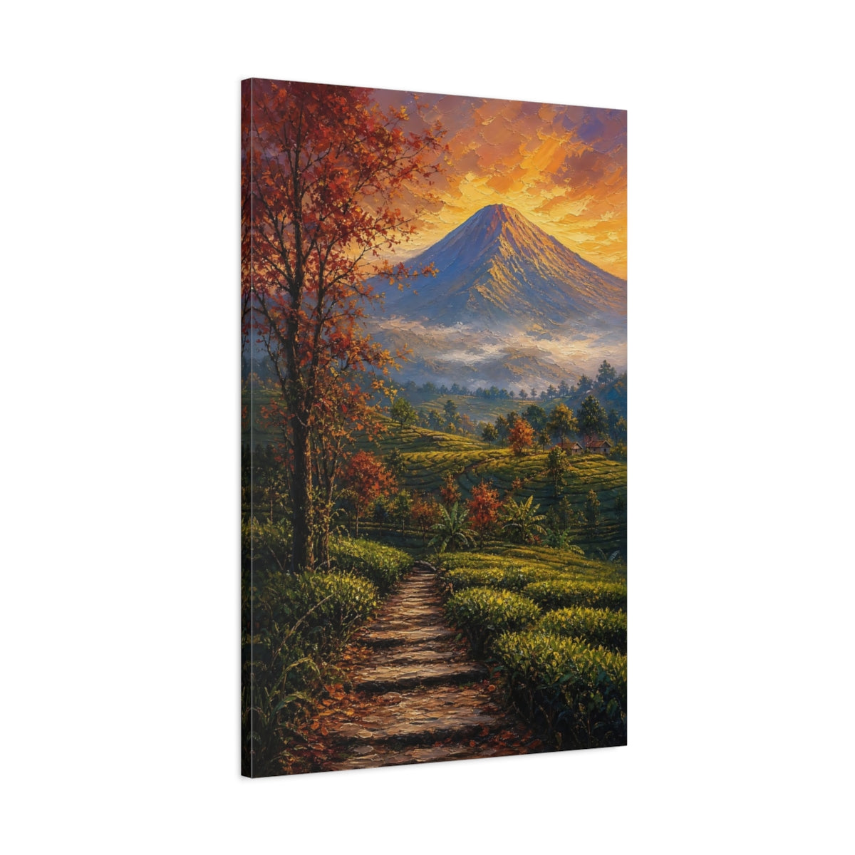 Main Mockup. Nature Volcano Orange Green shown as stretched canvas wall art